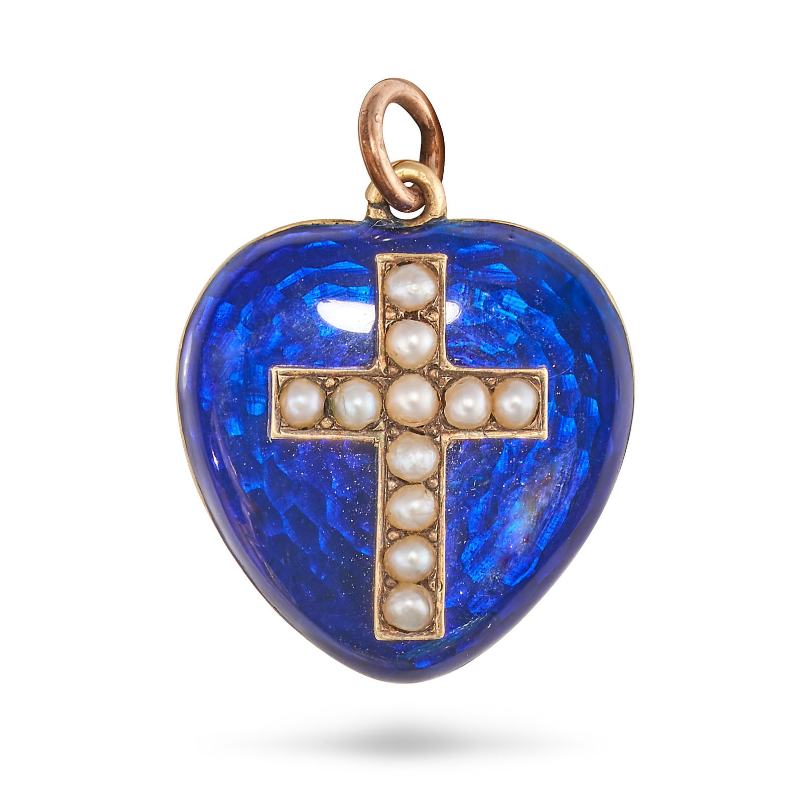 AN ANTIQUE PEARL AND ENAMEL HEART LOCKET PENDANT in yellow gold, designed as a heart decorated with (1 of 1)