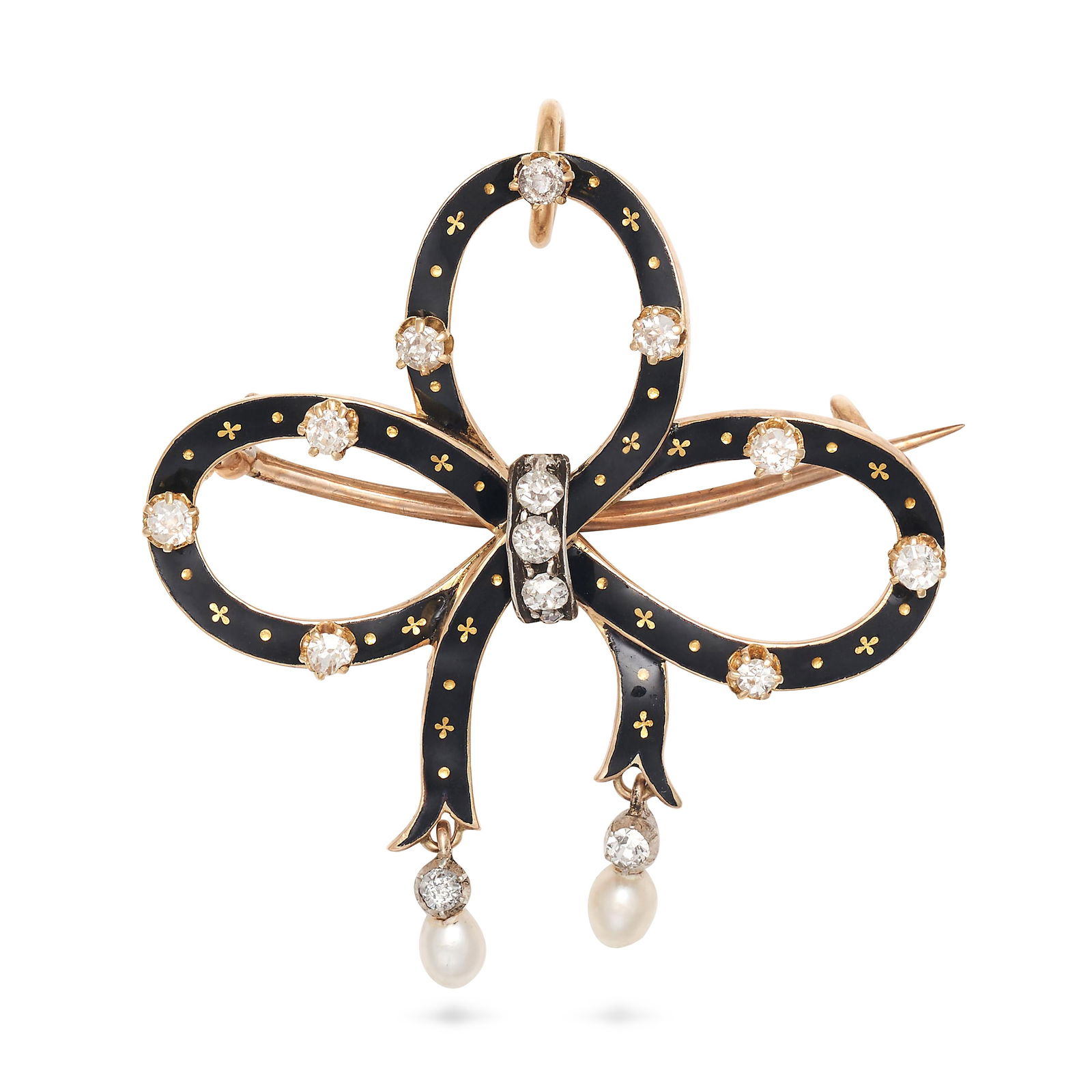 AN ANTIQUE DIAMOND, PEARL AND ENAMEL BOW BROOCH / PENDANT in yellow gold, designed as a bow (1 of 1)