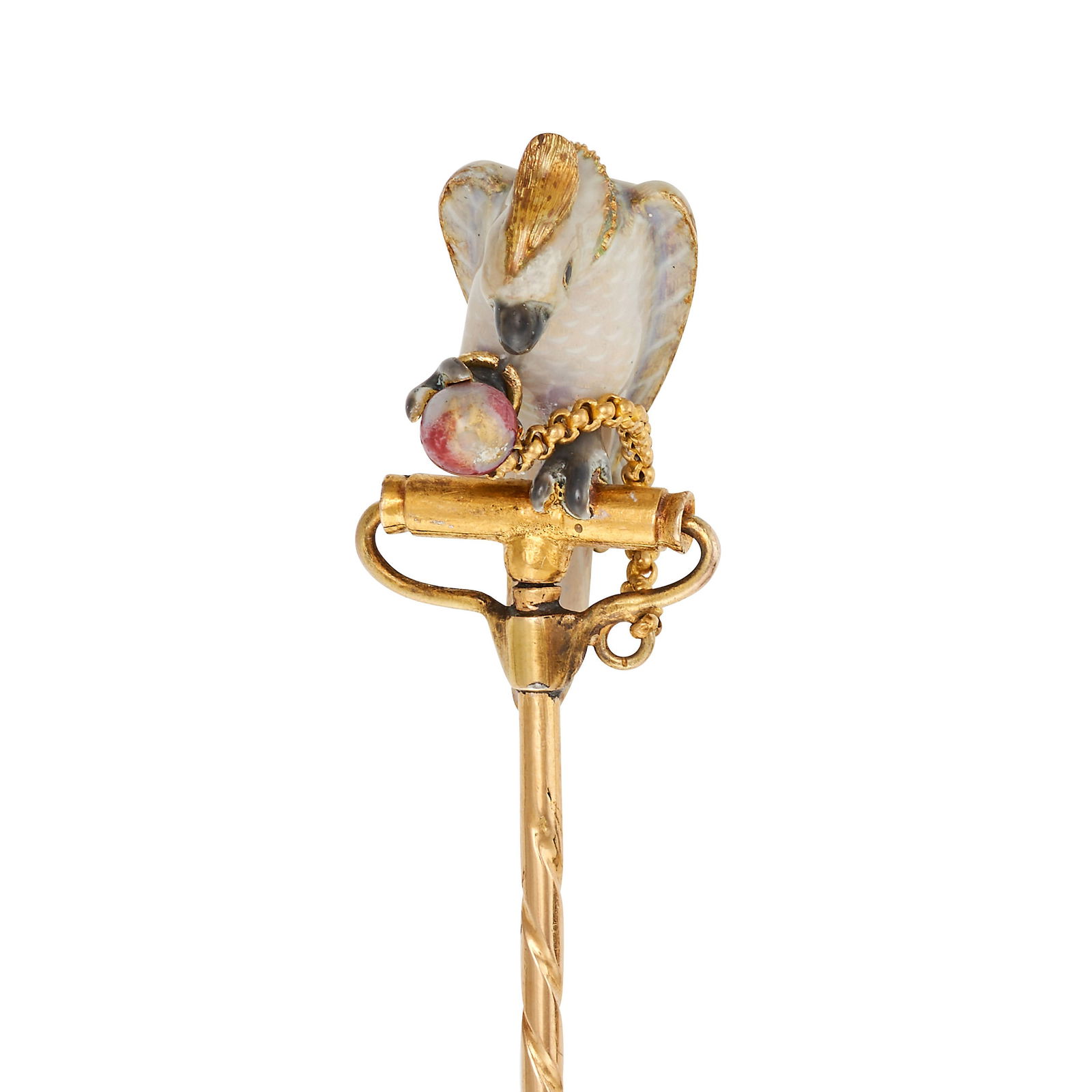 AN ANTIQUE ENAMEL COCKATOO STICK / TIE PIN in yellow gold, designed as a cockatoo holding a ball in (1 of 2)