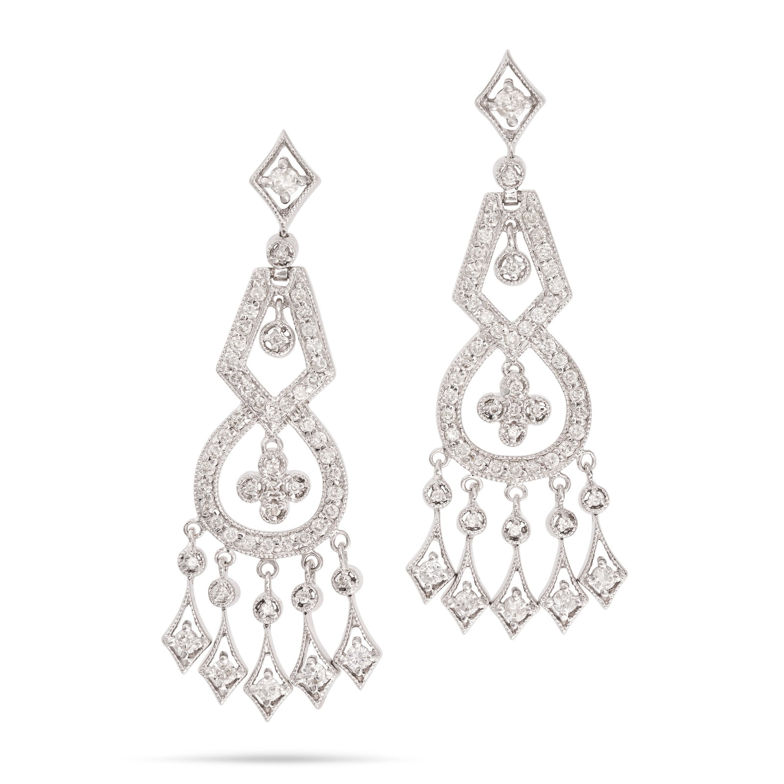 A PAIR OF DIAMOND DROP CHANDELIER EARRINGS in 18ct white gold, each comprising a row of geometric: A PAIR OF DIAMOND DROP CHANDELIER EARRINGS in 18ct white gold, each comprising a row of geometric links set with round cut diamonds, suspending an articulated fringe set with further round cut diamond