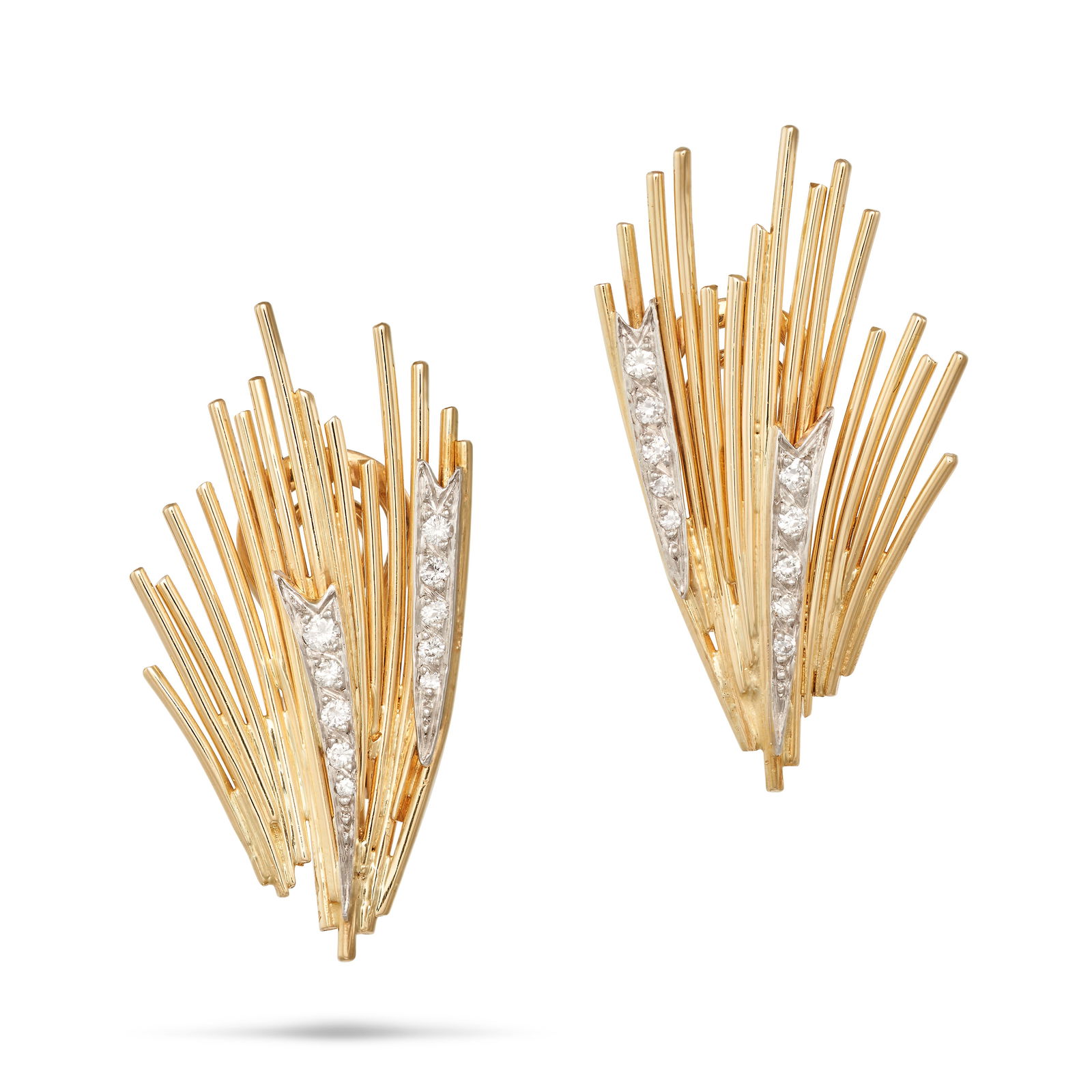GRIMA, A PAIR OF DIAMOND CLIP EARRINGS, 1986 in 18ct yellow gold, each designed as a gold spray,: GRIMA, A PAIR OF DIAMOND CLIP EARRINGS, 1986 in 18ct yellow gold, each designed as a gold spray, accented by rows of round brilliant cut diamonds, full British hallmarks for London 1986, 3.3cm, 11.2g.
