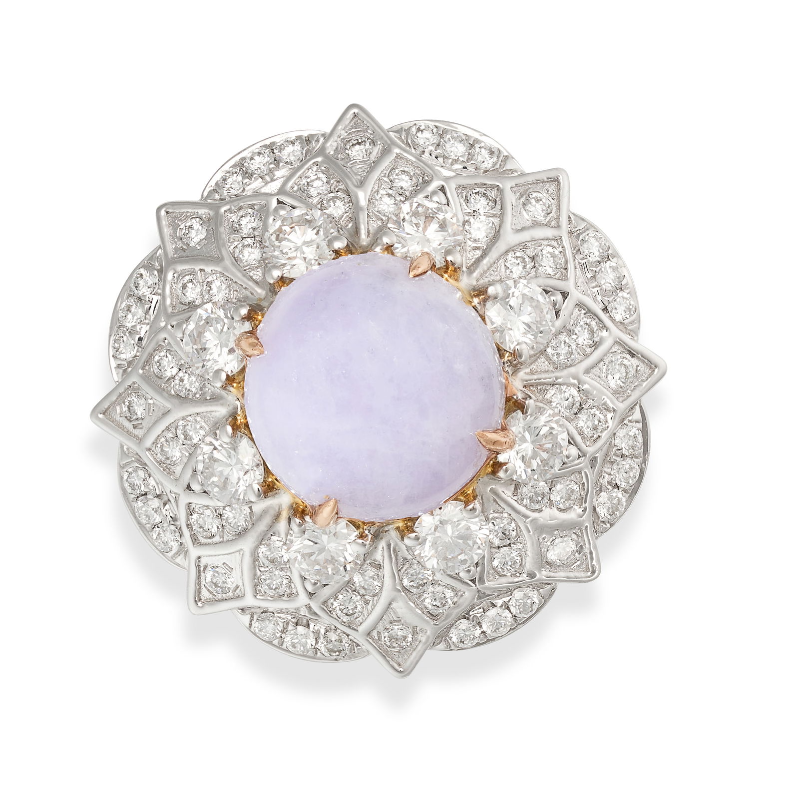 AN UNTREATED LAVENDER JADE RING in 18ct white gold, set with a cabochon lavender jade in a stylised (1 of 1)