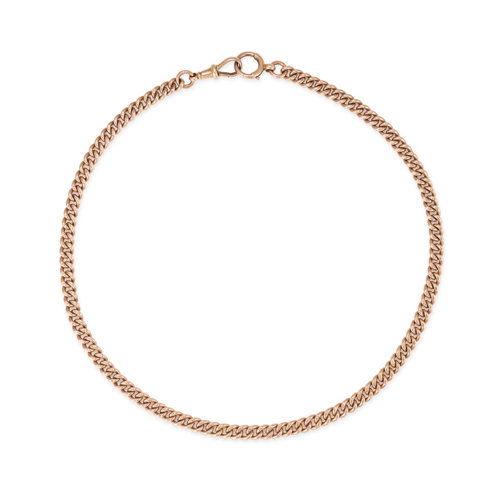 AN ANTIQUE ALBERT CHAIN in 9ct rose gold, the curb chain terminating at one end with a circular bolt (1 of 1)