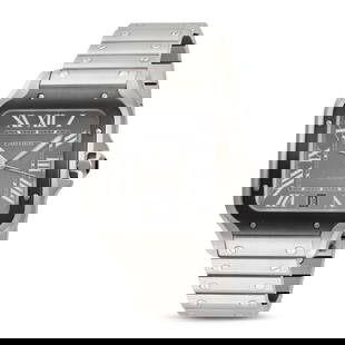 CARTIER - A SANTOS DE CARTIER AUTOMATIC WRISTWATCH in stainless steel, 4072, c.2022, the square g...: CARTIER - A SANTOS DE CARTIER AUTOMATIC WRISTWATCH in stainless steel, 4072, c.2022, the square grey dial with sunburst effect, Roman numerals and date aperture at the six o'clock position, ADLC bezel