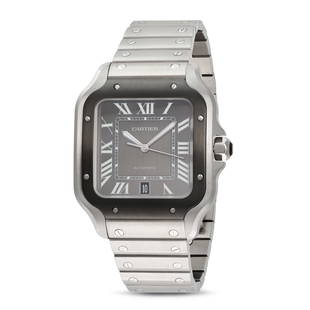 CARTIER - A SANTOS DE CARTIER AUTOMATIC WRISTWATCH in stainless steel, 4072, c.2022, the square g...: CARTIER - A SANTOS DE CARTIER AUTOMATIC WRISTWATCH in stainless steel, 4072, c.2022, the square grey dial with sunburst effect, Roman numerals and date aperture at the six o'clock position, ADLC