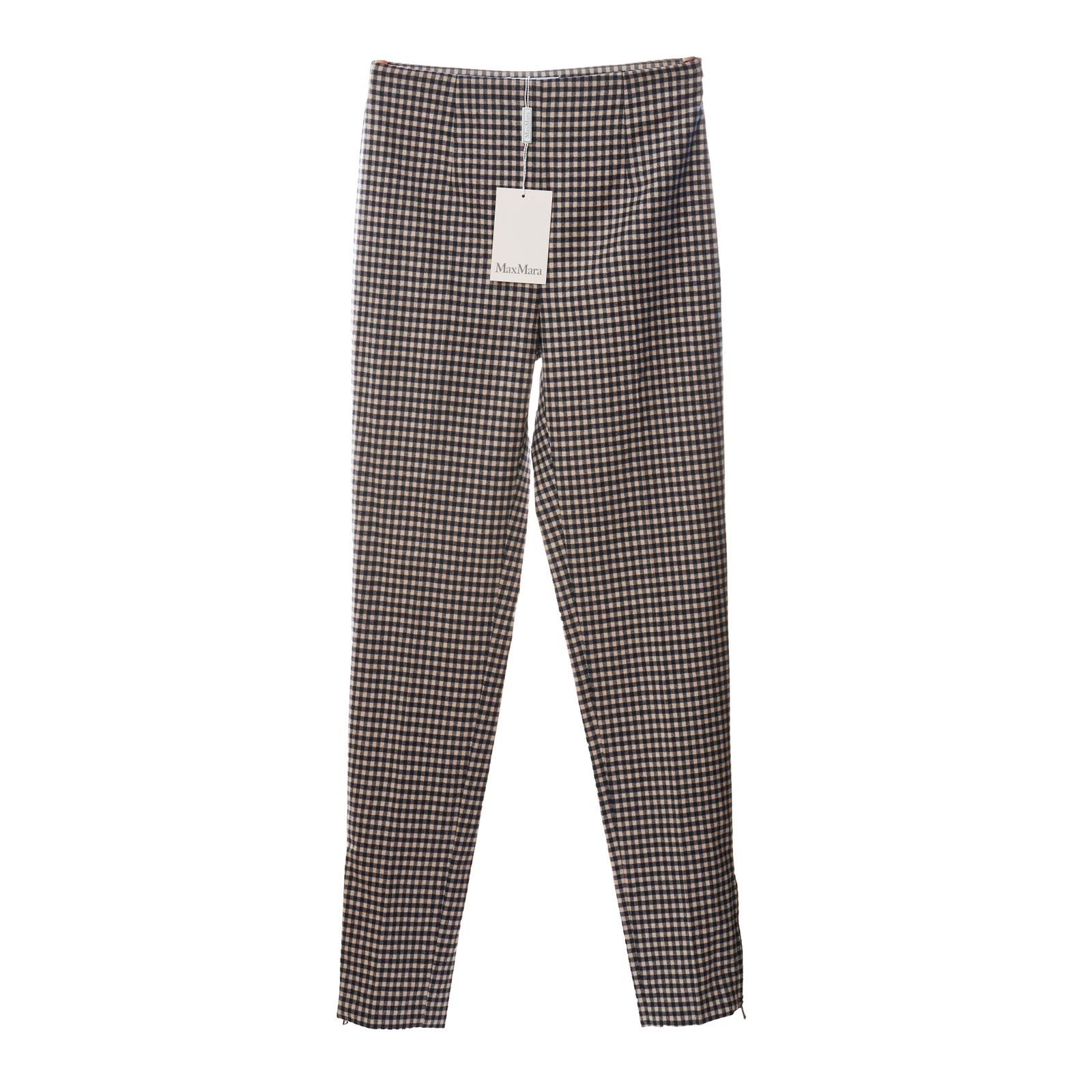 MAX MARA GINGHAM WOOL TROUSERS Condition grade A+, new with tags. Size English 12. 70cm waist, ...: MAX MARA GINGHAM WOOL TROUSERS Condition grade A+, new with tags. Size English 12. 70cm waist, 110cm length. Black and beige toned gingham print trousers with side zip opening. Composition 99% virgin