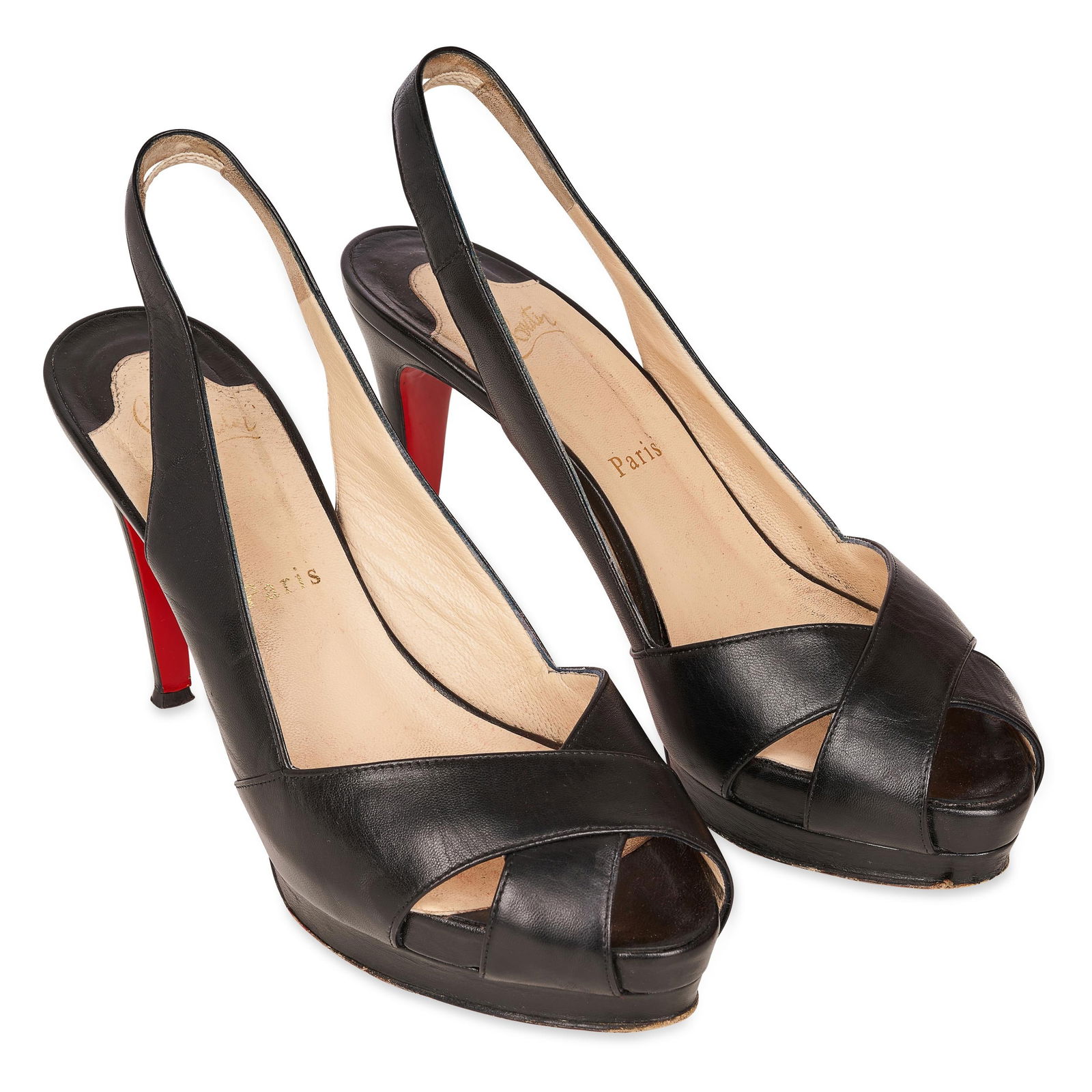 CHRISTIAN LOUBOUTIN CROSS OVER HEELS Condition grade B-. Size 39. Heel height 10.5cm. Black lea... (1 of 2)