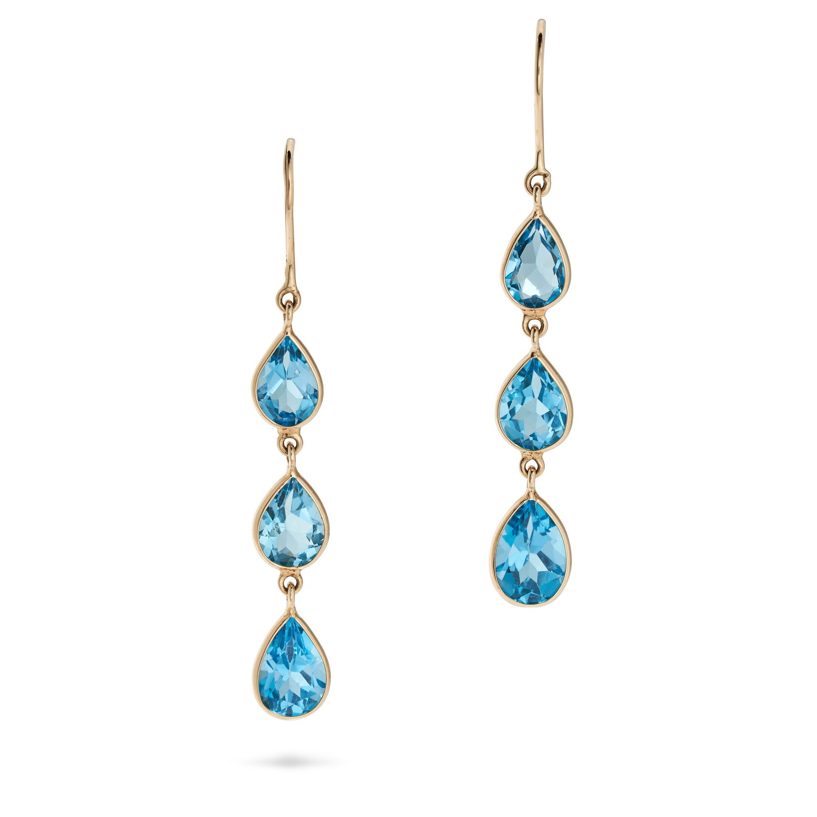 A PAIR OF BLUE TOPAZ DROP EARRINGS in 14ct yellow gold, each set with a row of three pear cut blue (1 of 1)