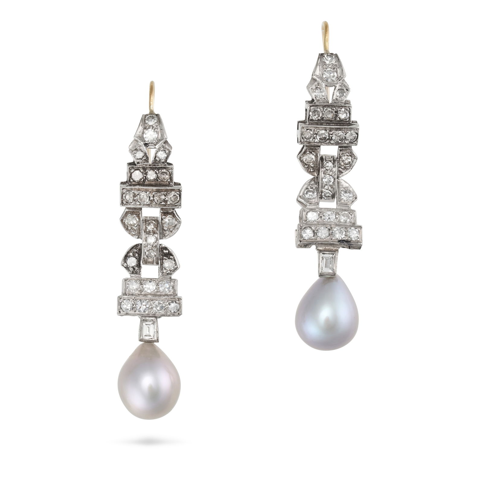 A PAIR OF DIAMOND AND PEARL DROP EARRINGS in 18ct yellow gold and platinum, each comprising a row of (1 of 1)