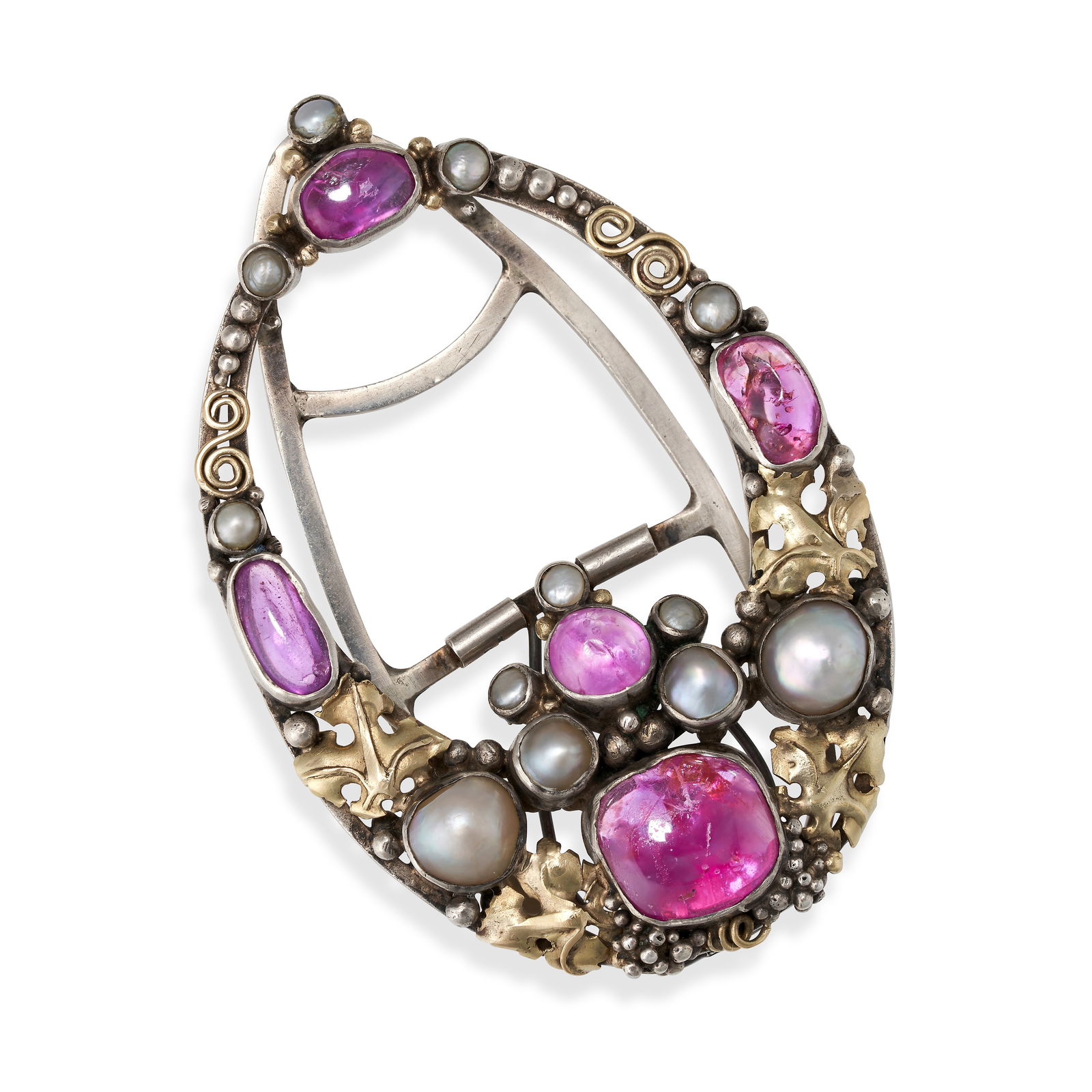 DORRIE NOSSITER, AN ARTS AND CRAFTS RUBY AND PEARL CLIP BROOCH in yellow gold and silver, designe...: DORRIE NOSSITER, AN ARTS AND CRAFTS RUBY AND PEARL CLIP BROOCH in yellow gold and silver, designed as a grape vine set with cabochon rubies and pearls, no assay marks, 5.2cm, 13.9g. Guaranteed UK Main