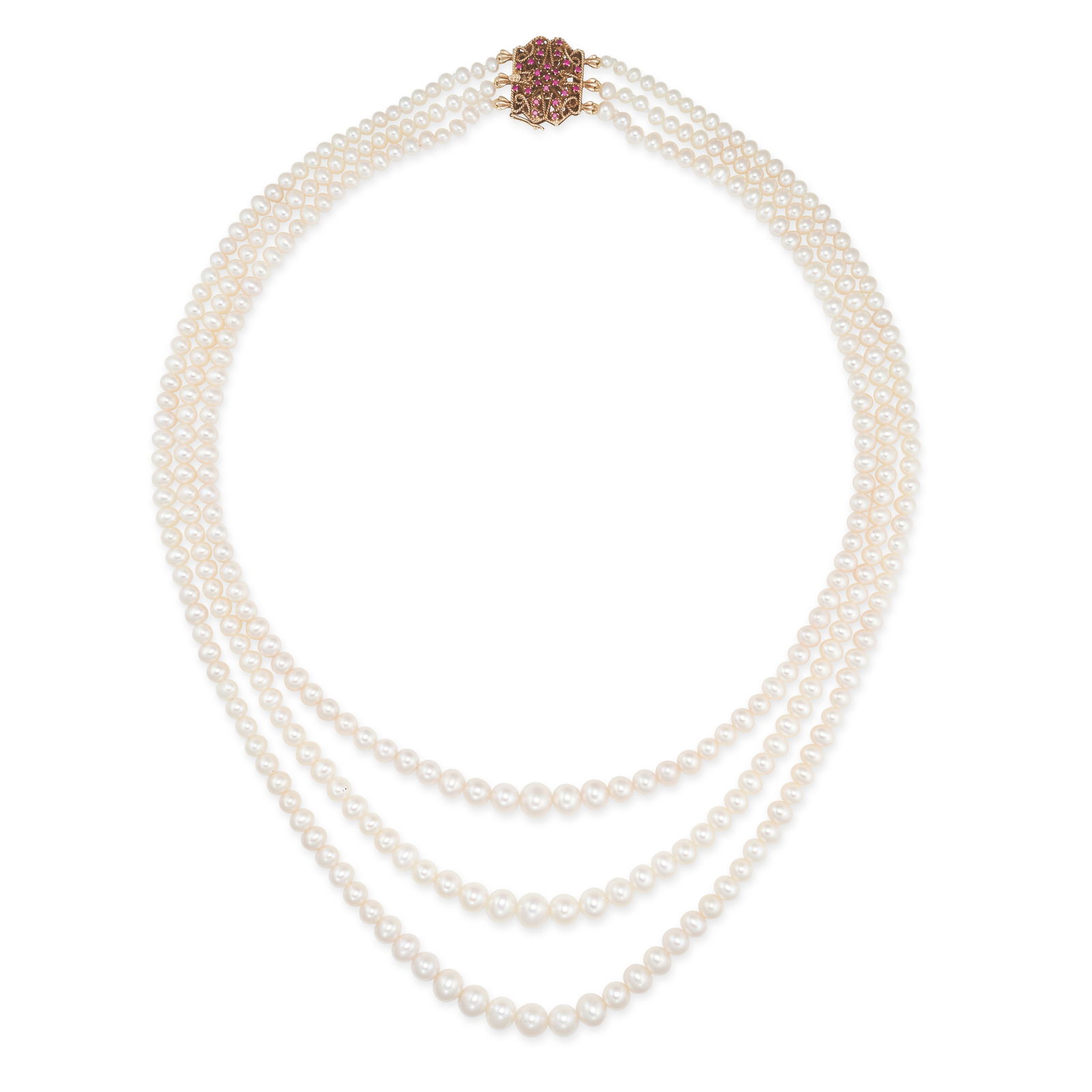 A THREE ROW PEARL AND RUBY NECKLACE in 9ct gold, comprising three rows of graduating pearls, the ... (1 of 1)