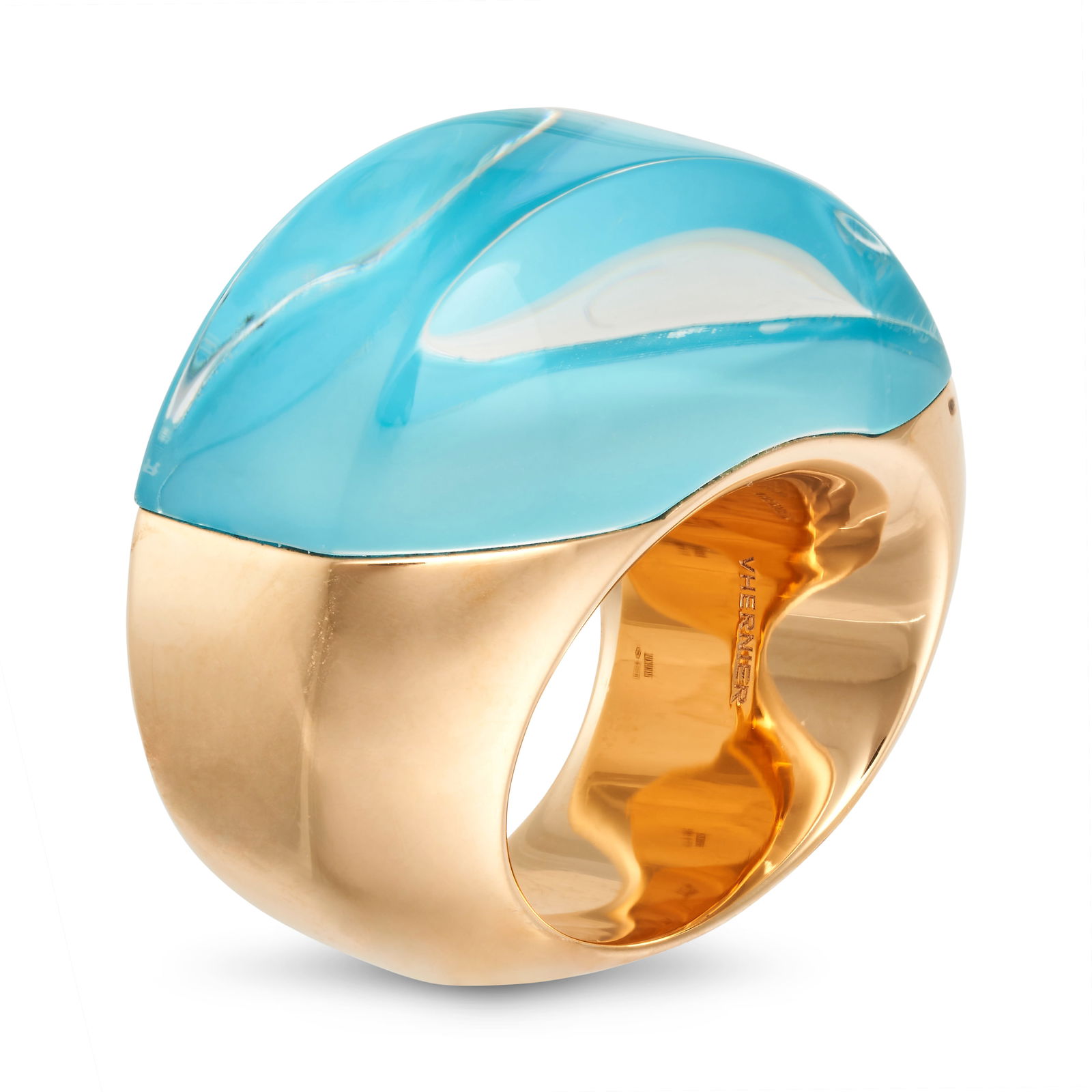VHERNIER, A ROCK CRYSTAL AND TURQUOISE ALADINO COCKTAIL RING in 18ct yellow gold, set with a slice (1 of 2)