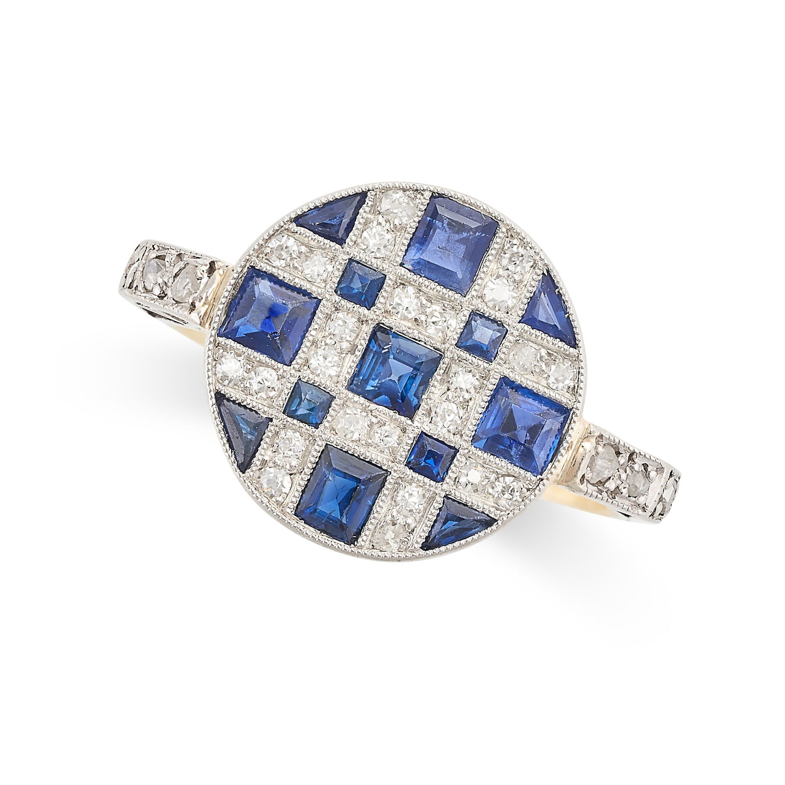 A SAPPHIRE AND DIAMOND RING in 18ct yellow gold and platinum, the circular face set with pattern of (1 of 2)