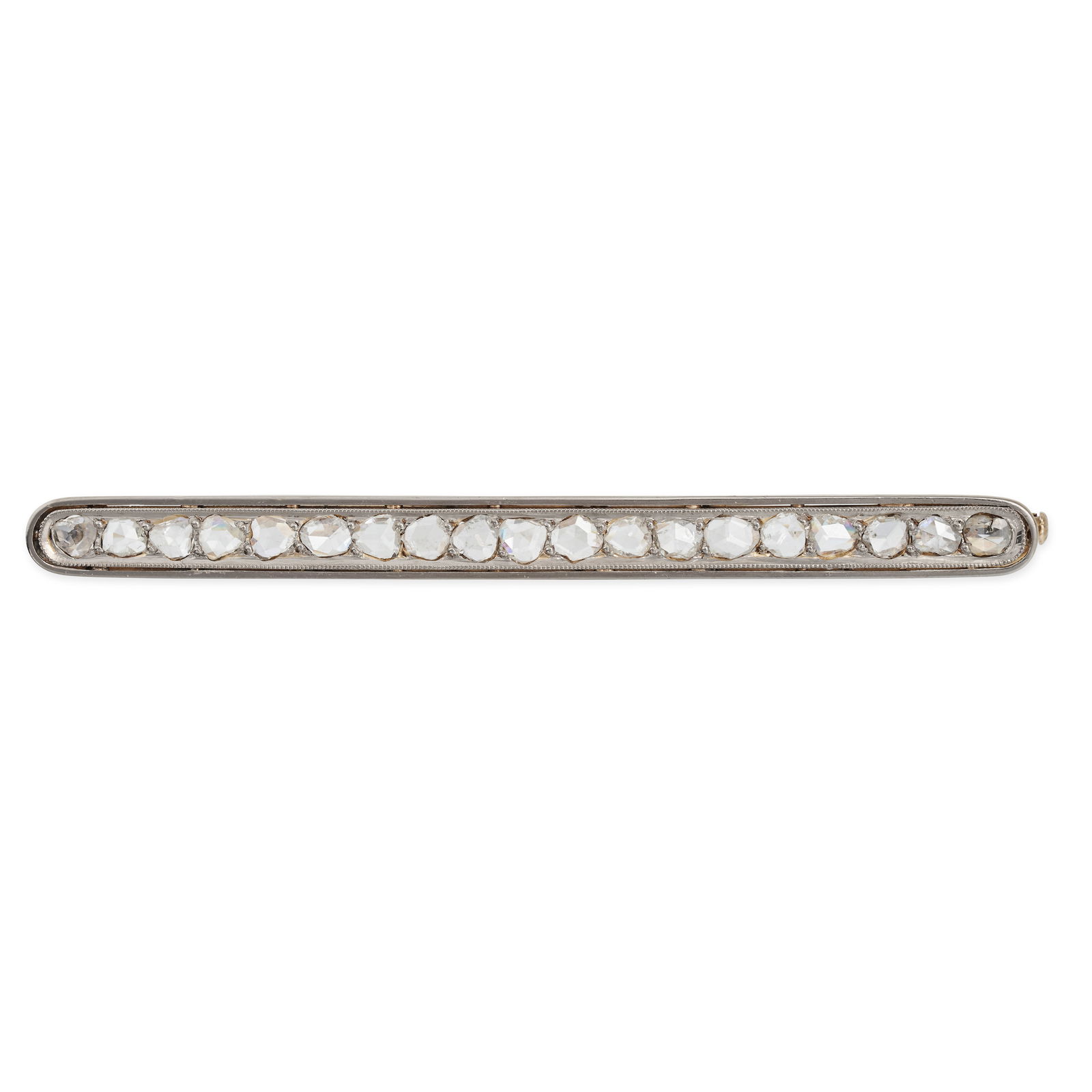 NO RESERVE - AN ANTIQUE DIAMOND BAR BROOCH in yellow and white gold, comprising a row of rose cut di (1 of 1)