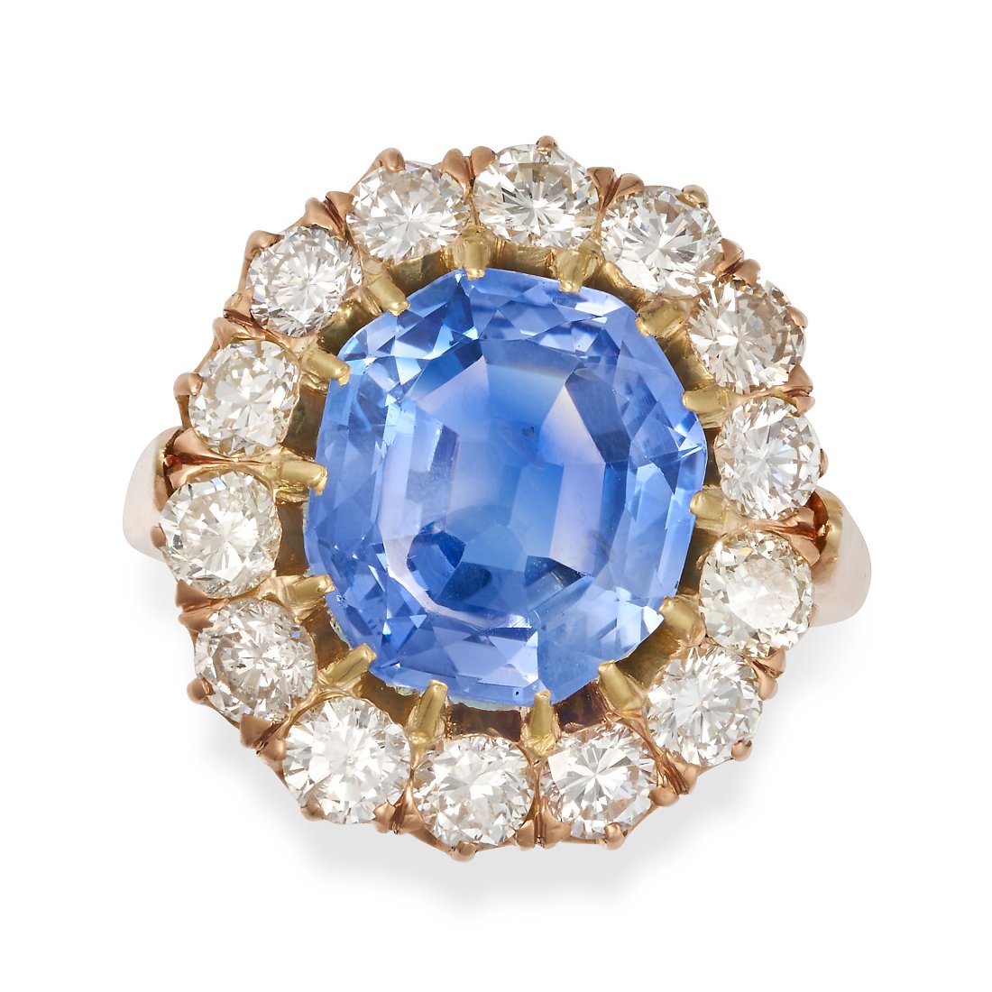A CEYLON NO HEAT SAPPHIRE AND DIAMOND CLUSTER RING in yellow gold, set with a cushion cut sapphir... (1 of 1)