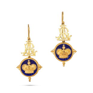 JOHN BROGDEN, A PAIR OF ENAMEL AND GOLD DROP EARRINGS in yellow gold, each designed with an ornat...: JOHN BROGDEN, A PAIR OF ENAMEL AND GOLD DROP EARRINGS in yellow gold, each designed with an ornate cypher suspending a medallion relieved in blue enamel accented by a gold crown, J.B maker's mark, no