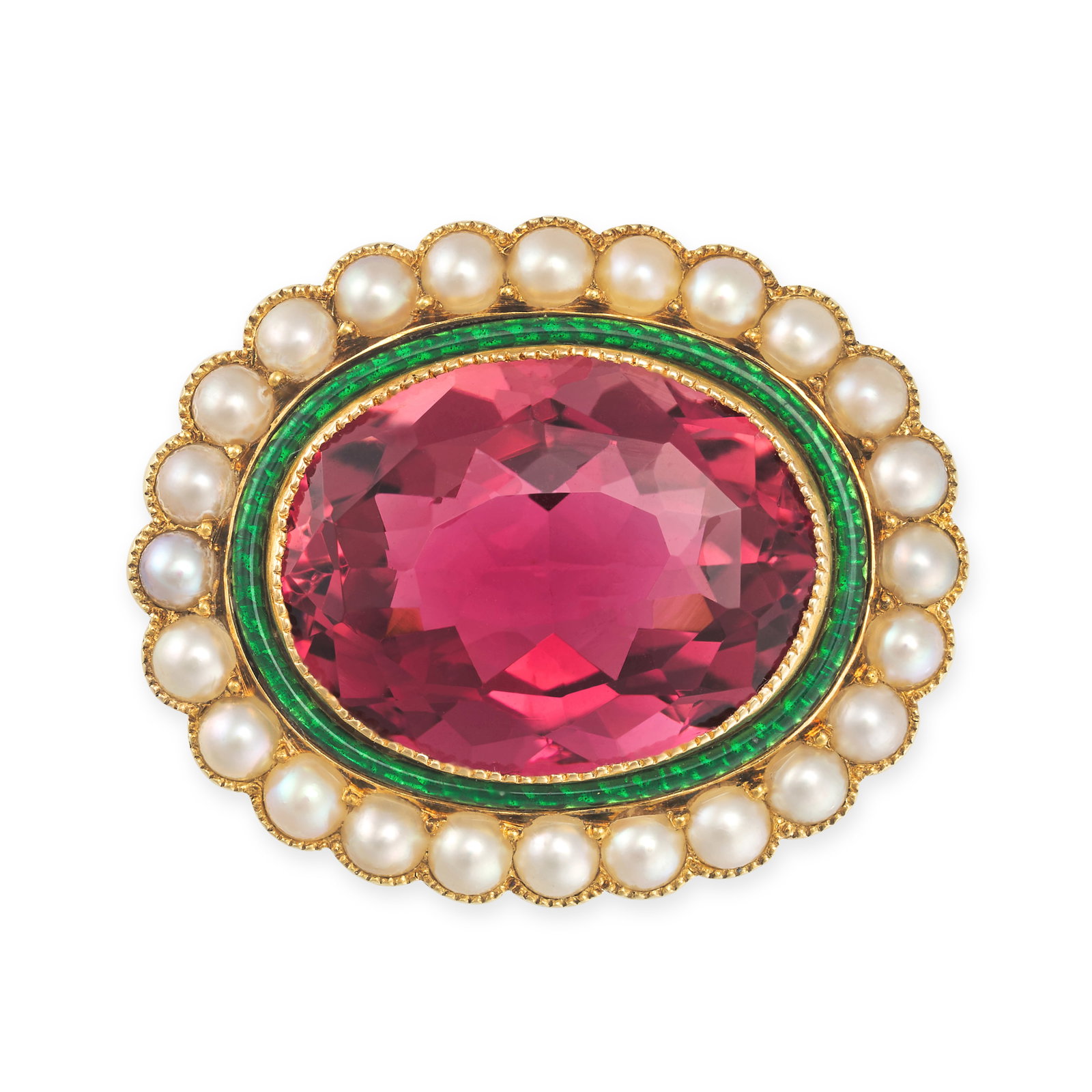 AN ANTIQUE PINK TOURMALINE, PEARL AND ENAMEL BROOCH in yellow gold, set with an oval cut pink tou... (1 of 1)