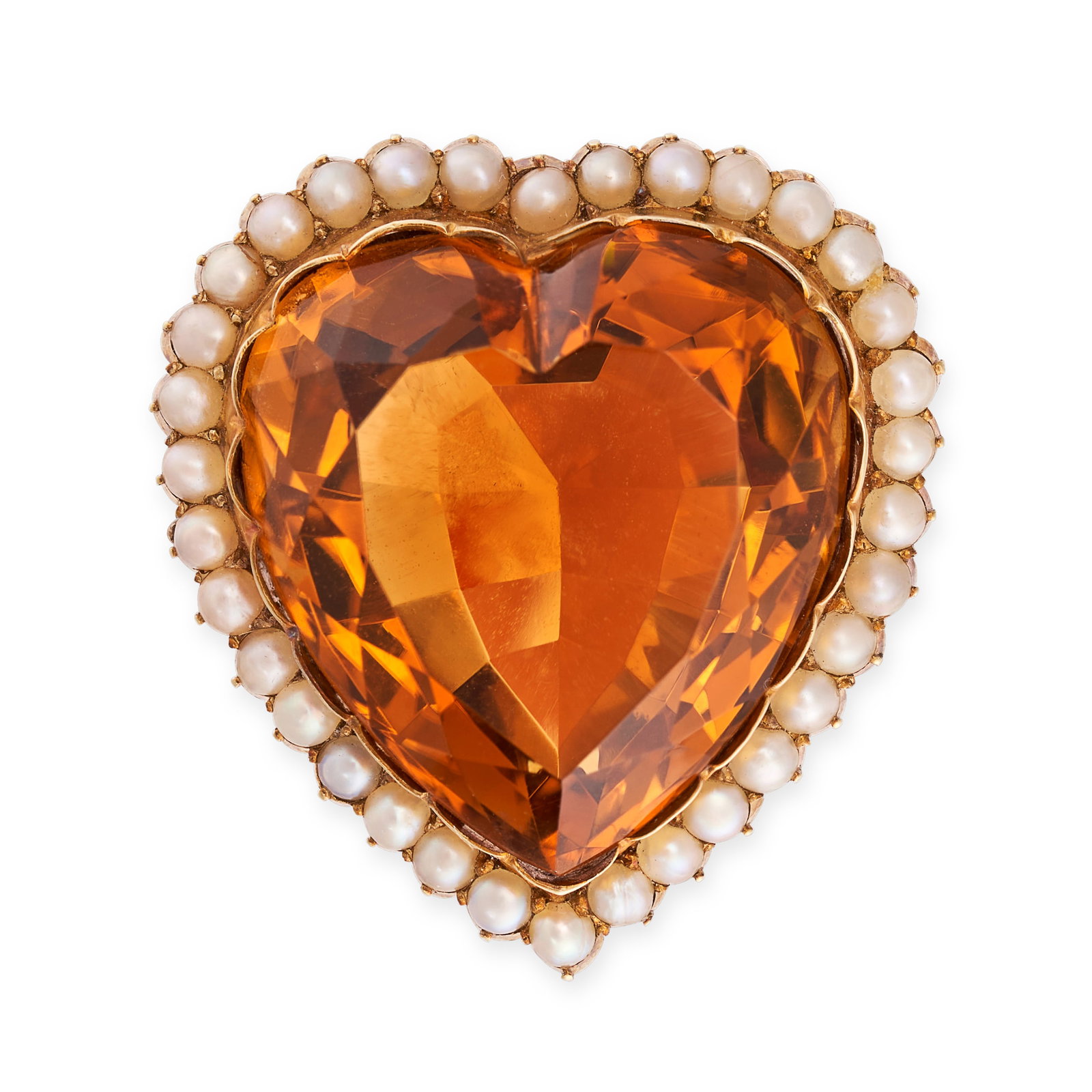 A CITRINE AND PEARL HEART CLUSTER BROOCH in yellow gold, set with a heart cut citrine in a cluster (1 of 1)