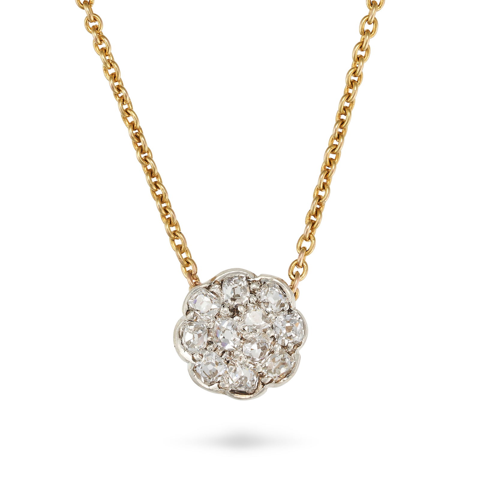 A DIAMOND CLUSTER PENDANT NECKLACE in yellow gold, the pendant set with a cluster of old cut diam... (1 of 1)