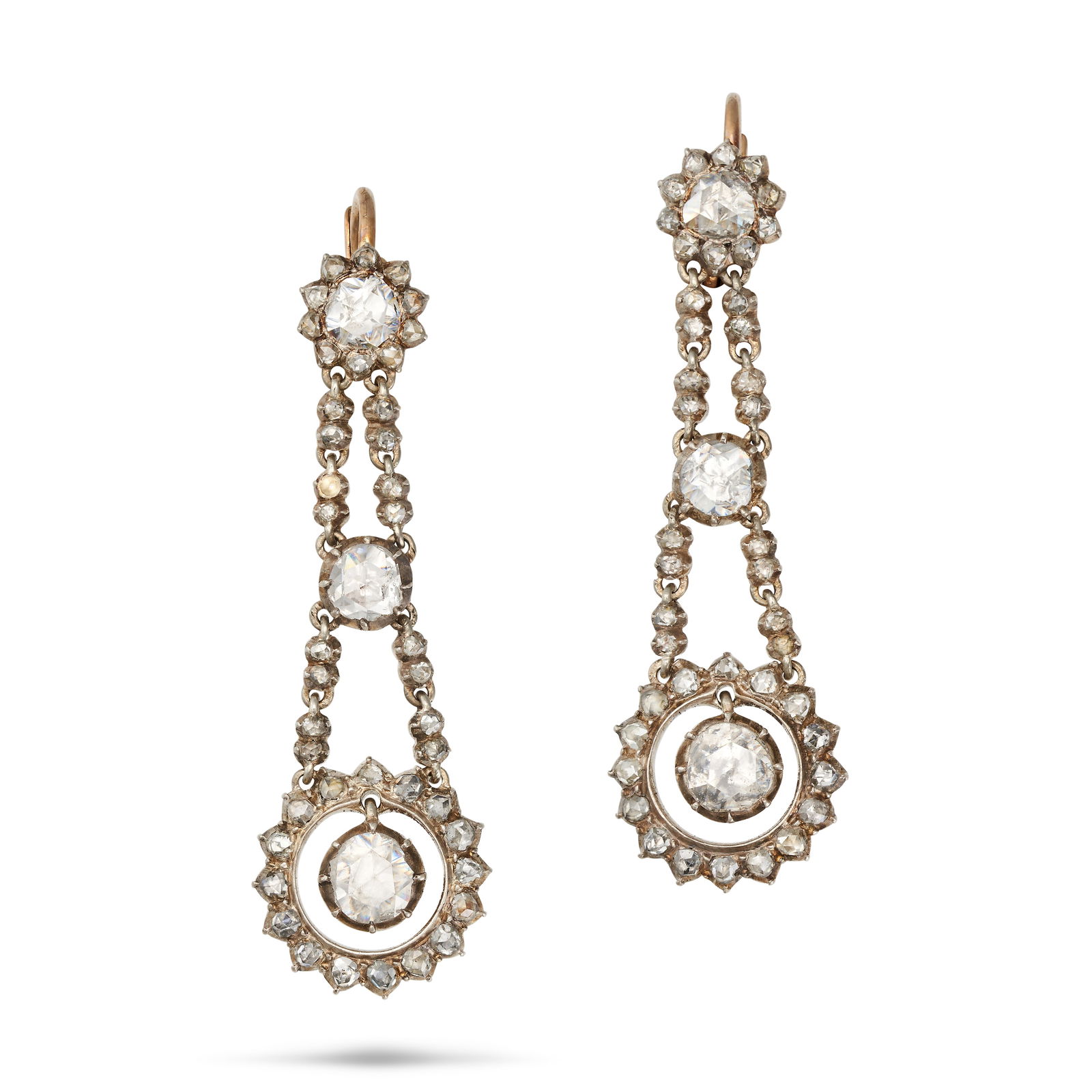 A PAIR OF ANTIQUE DIAMOND DROP EARRINGS in yellow gold and silver, each comprising a cluster of r...: A PAIR OF ANTIQUE DIAMOND DROP EARRINGS in yellow gold and silver, each comprising a cluster of rose cut diamonds suspending two rows of rose cut diamonds, terminating in a rose cut diamond drop in a