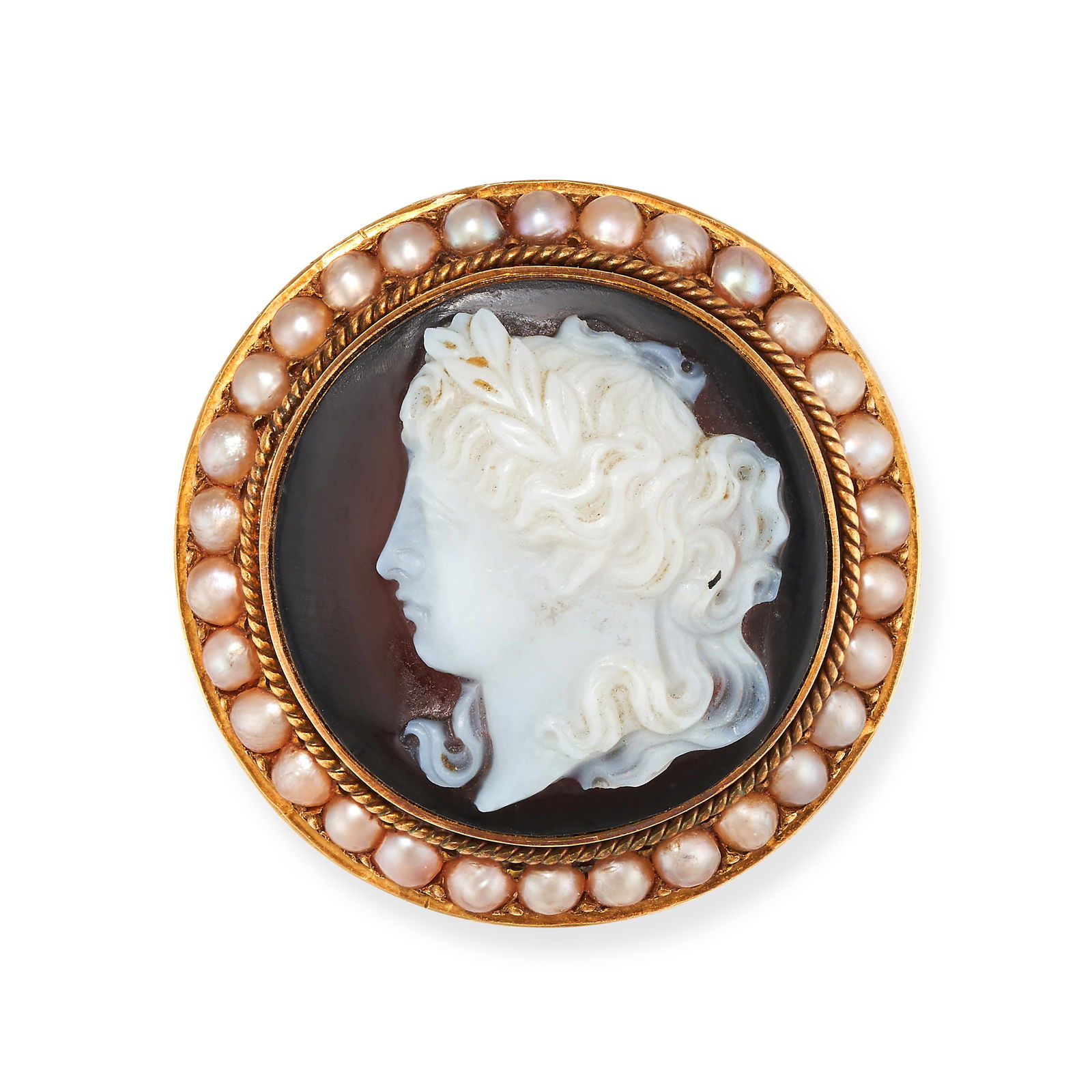 AN ANTIQUE BANDED AGATE AND SEED PEARL BROOCH in yellow gold, set with a banded agate cameo (1 of 1)