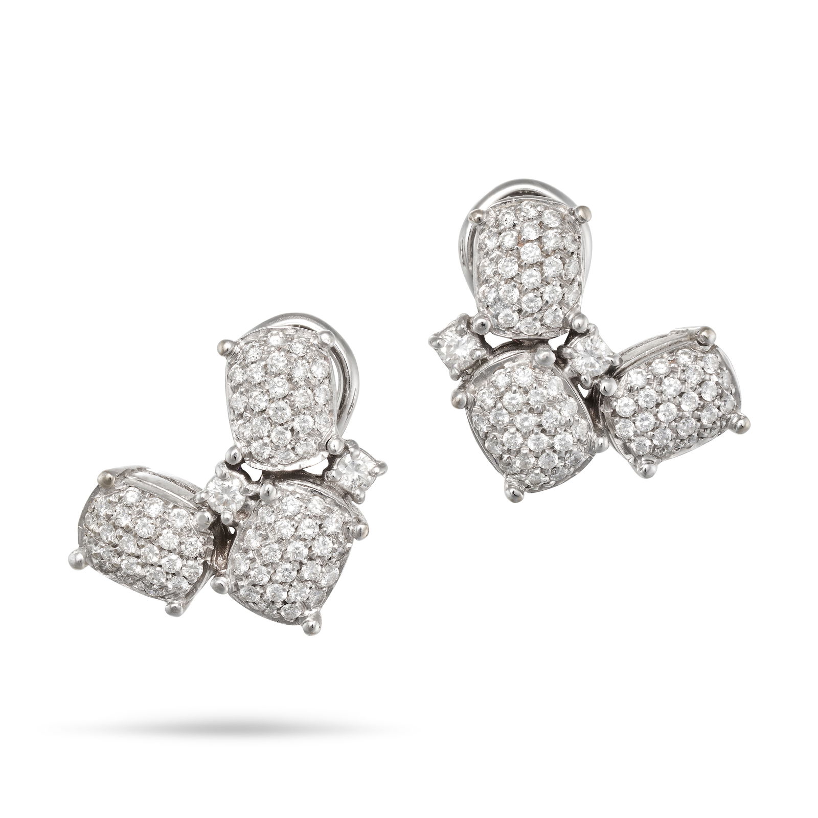 ANTONINI, A PAIR OF DIAMOND EARRINGS in 18ct white gold, comprising clusters of pave set round: ANTONINI, A PAIR OF DIAMOND EARRINGS in 18ct white gold, comprising clusters of pave set round brilliant cut diamonds, signed ANTONINI, stamped 750, 1.7cm, 10.3g.