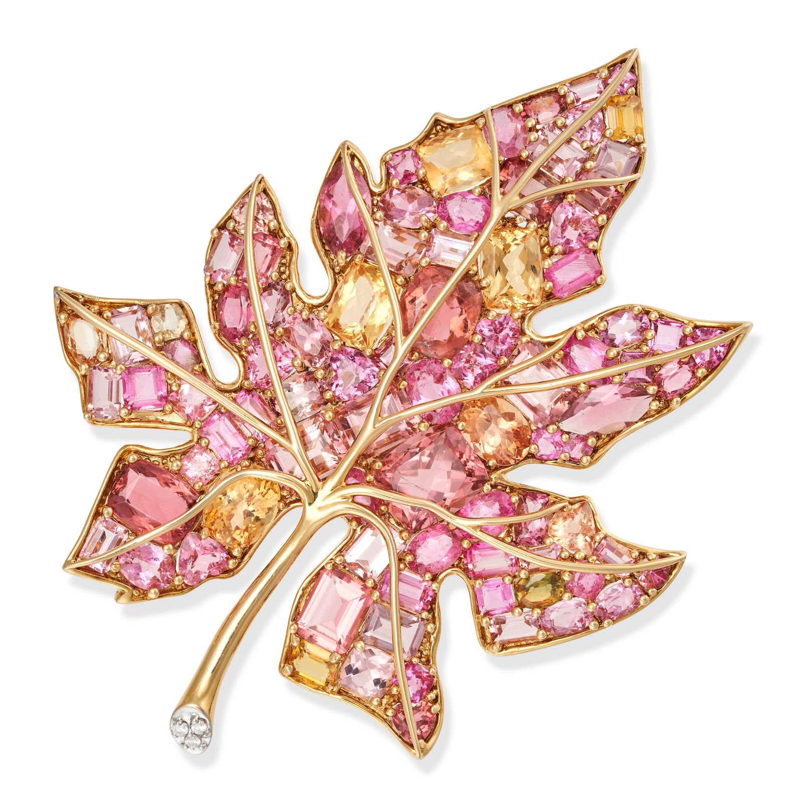 VERDURA, A SUPERB TOURMALINE AND SAPPHIRE MAPLE LEAF BROOCH in 18ct yellow gold, designed as a maple: VERDURA, A SUPERB TOURMALINE AND SAPPHIRE MAPLE LEAF BROOCH in 18ct yellow gold, designed as a maple leaf set with variously cut pink tourmaline, yellow sapphires, and orange sapphires, the stem set w