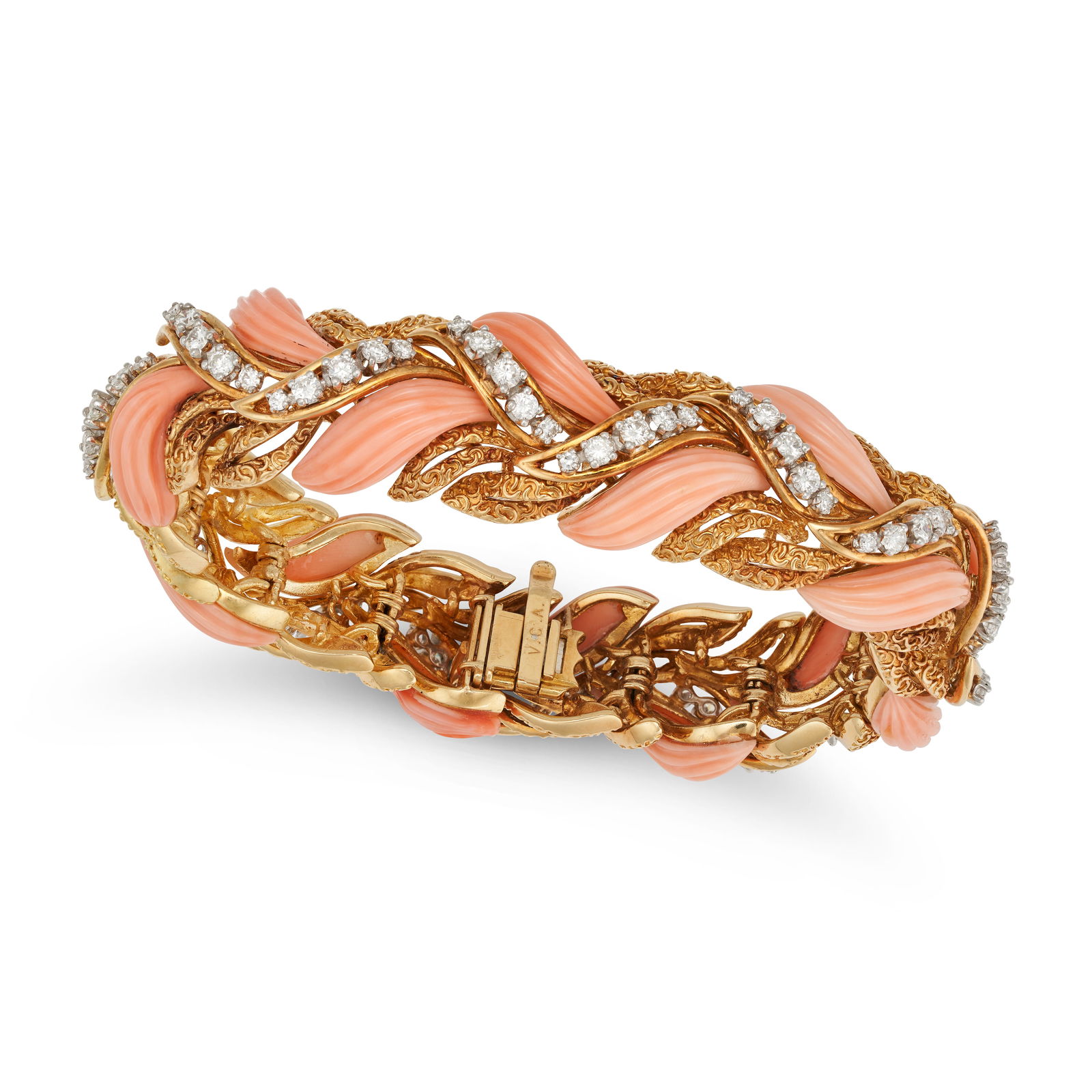 A CORAL AND DIAMOND BRACELET in yellow gold, the foliate style bracelet set with carved coral, (1 of 1)