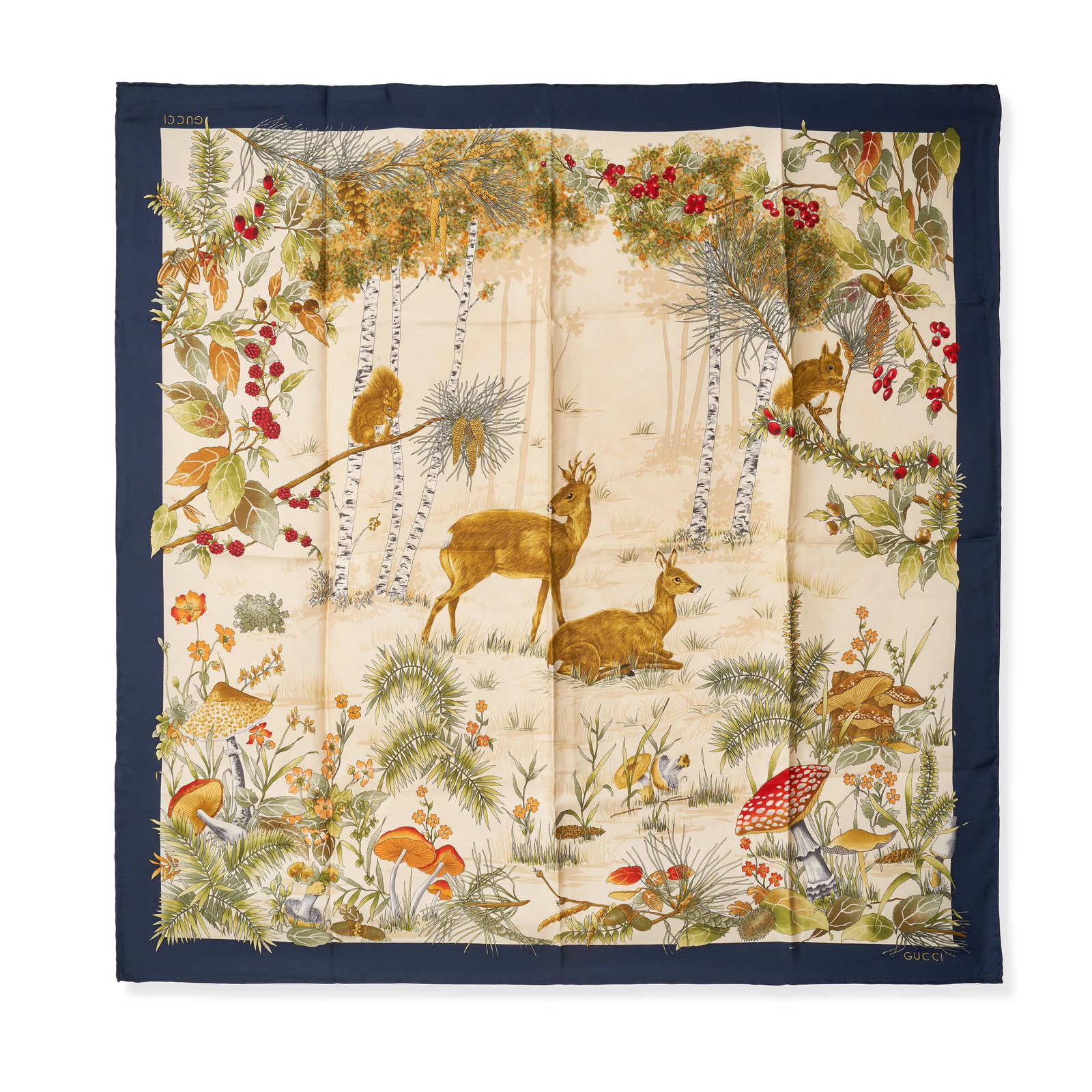 GUCCI WOODLAND DEER SILK SCARF  Condition grade B+.  66cm x 64cm. Multicolour (ivory, navy, red, (1 of 4)