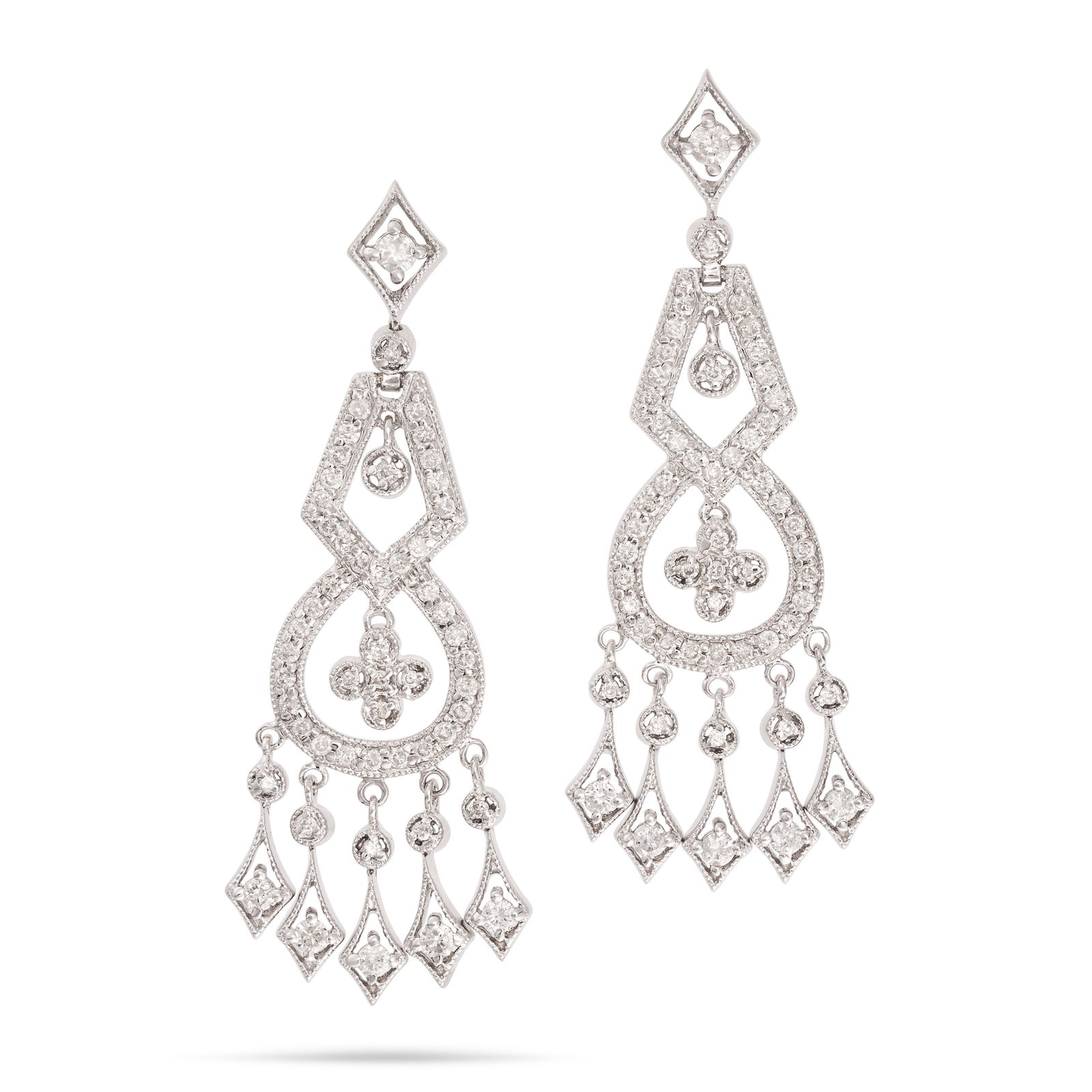 A PAIR OF DIAMOND DROP CHANDELIER EARRINGS each comprising a row of geometric links set with round: A PAIR OF DIAMOND DROP CHANDELIER EARRINGS each comprising a row of geometric links set with round cut diamonds, suspending an articulated fringe set with further round cut diamonds, stamped 18K, 5.0c