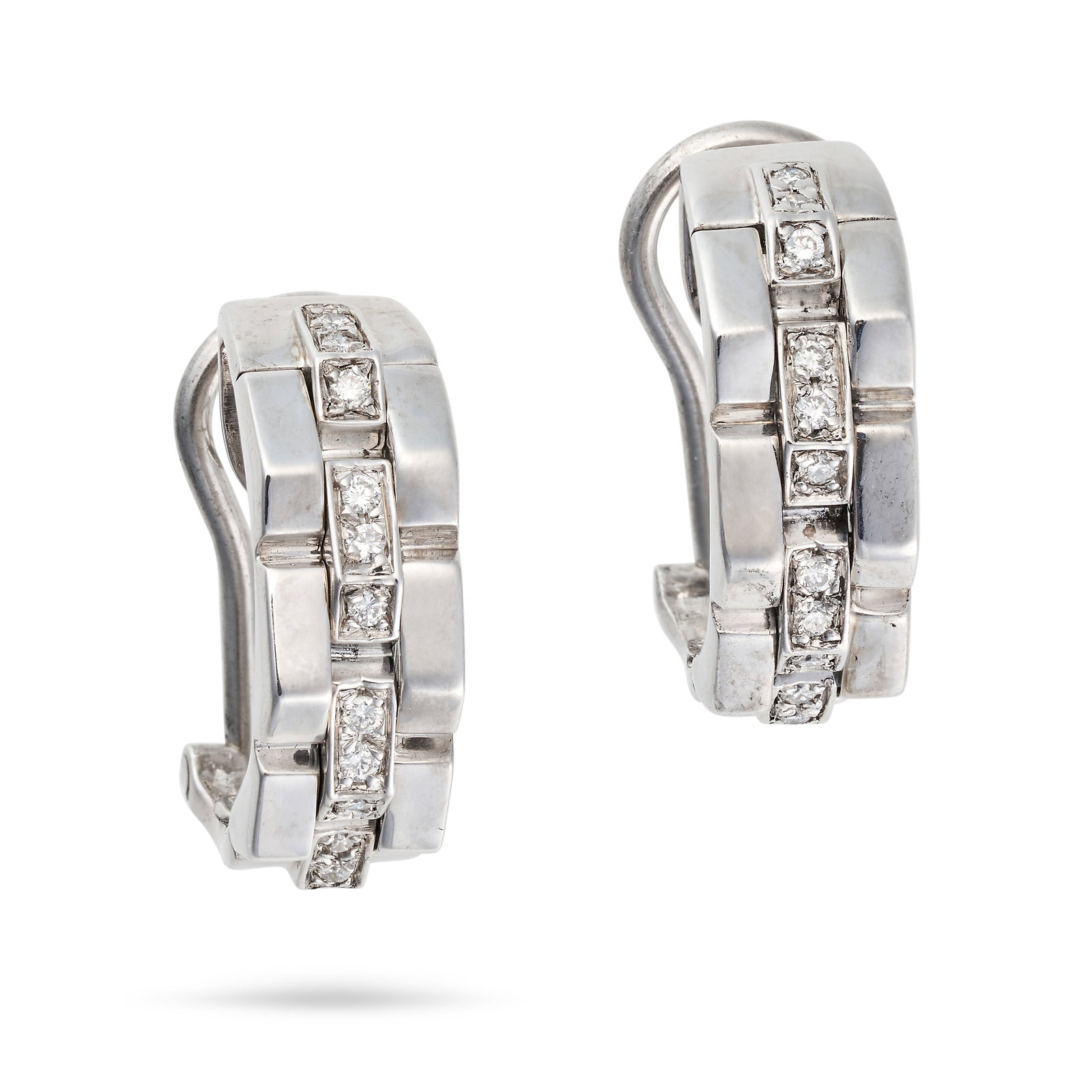 CHIMENTO, A PAIR OF DIAMOND HOOP EARRINGS each designed as a row of brick links set with round cu...: CHIMENTO, A PAIR OF DIAMOND HOOP EARRINGS each designed as a row of brick links set with round cut diamonds, signed Chimento, stamped 750, 1.9cm, 10.7g.