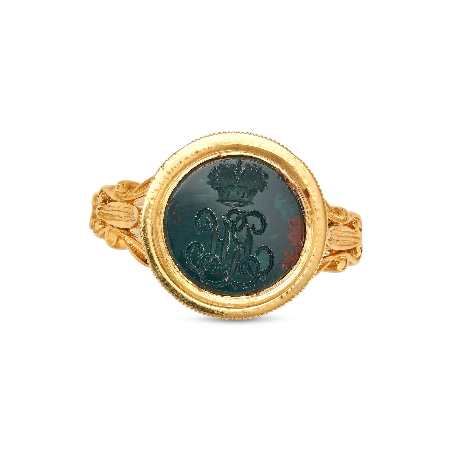 A BLOODSTONE INTAGLIO RING set with a circular intaglio carved with a monogram and a crown, no as... (1 of 1)
