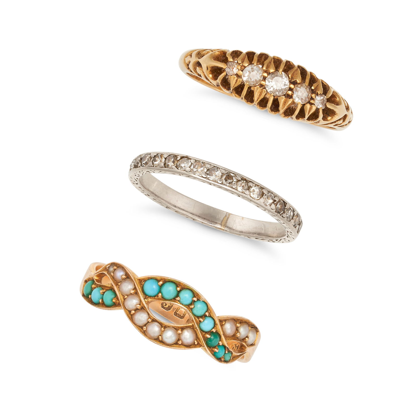 NO RESERVE - A COLLECTION OF THREE RINGS comprising a diamond half eternity ring, no assay marks, (1 of 1)