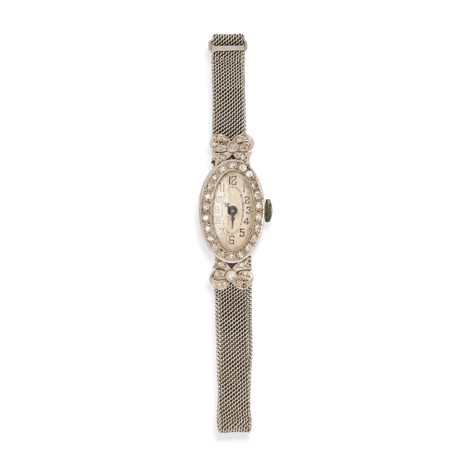 NO RESERVE - AN ANTIQUE DIAMOND WRISTWATCH the oval face with Arabic numerals in a border of round (1 of 1)