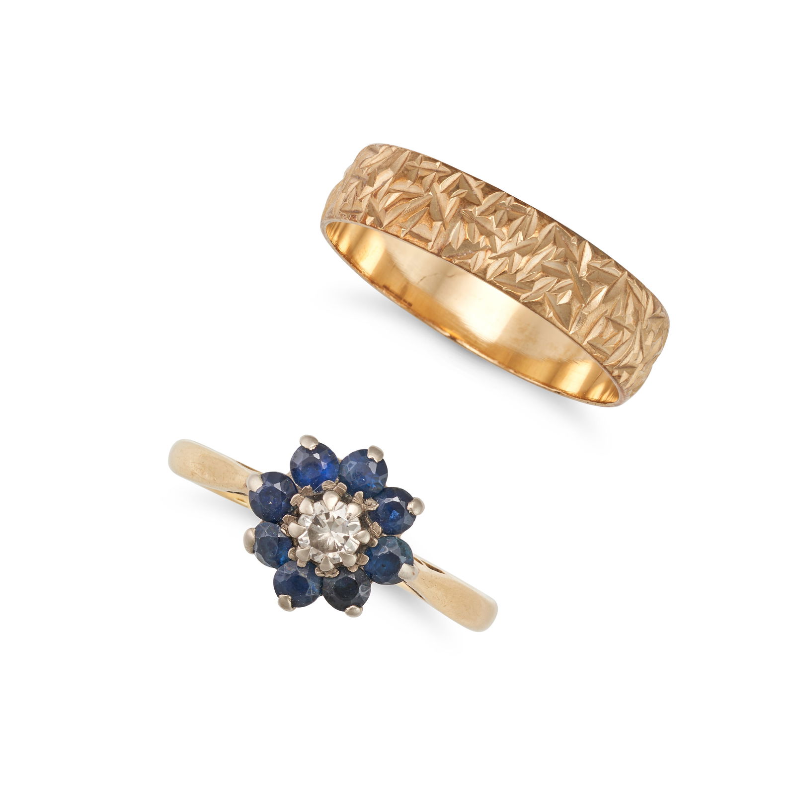 NO RESERVE - TWO RINGS comprising a sapphire and diamond cluster ring, stamped 18ct, size M1/2 / (1 of 1)