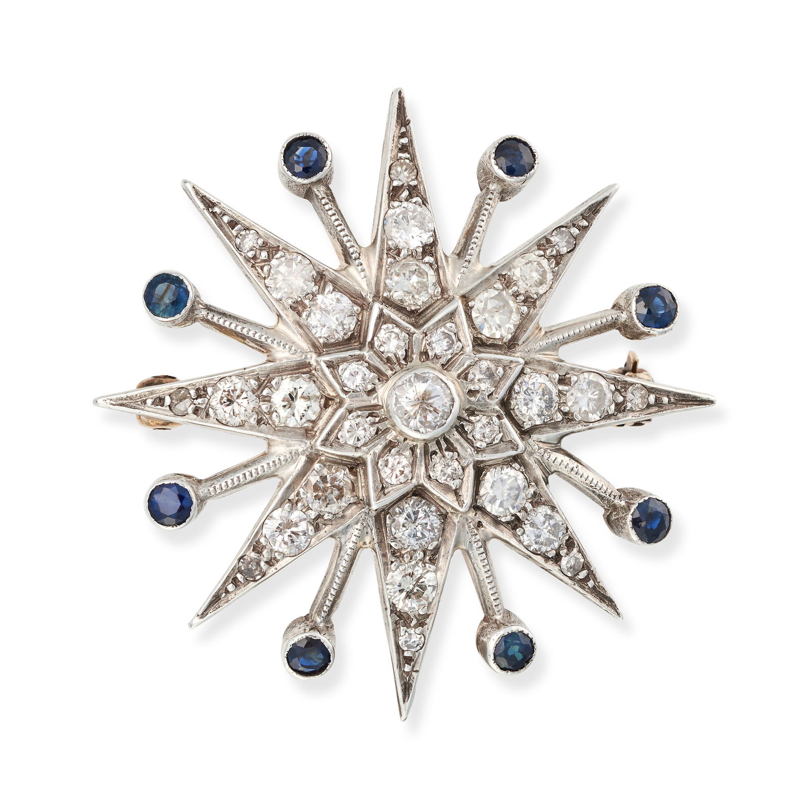 A VINTAGE DIAMOND AND SAPPHIRE STAR BROOCH / PENDANT designed as an eight rayed star set throughout (1 of 1)