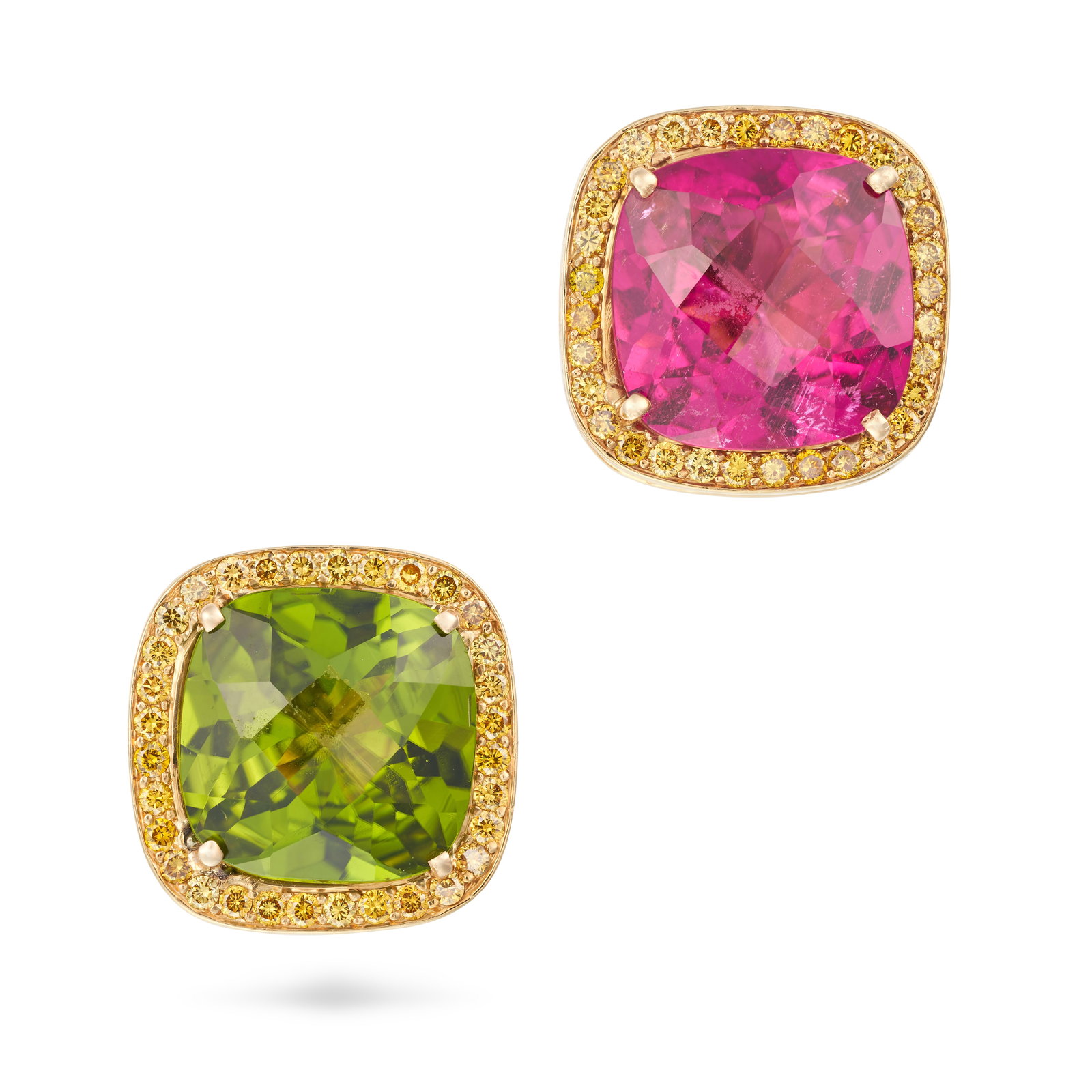 PAOLO COSTAGLI, A PAIR OF PINK TOURMALINE, PERIDOT AND YELLOW DIAMOND CLUSTER EARRINGS each set with: PAOLO COSTAGLI, A PAIR OF PINK TOURMALINE, PERIDOT AND YELLOW DIAMOND CLUSTER EARRINGS each set with a faceted pink tourmaline and peridot respectively, in a cluster of round brilliant cut yellow diam
