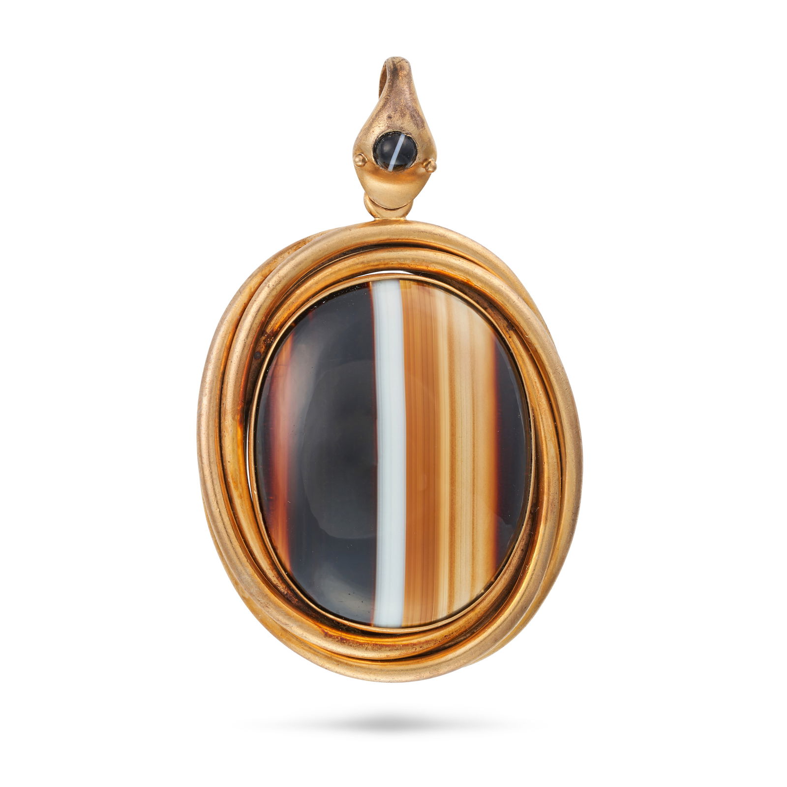 AN ANTIQUE BANDED AGATE SNAKE PENDANT the bail designed as the head of a snake set with a cabochon: AN ANTIQUE BANDED AGATE SNAKE PENDANT the bail designed as the head of a snake set with a cabochon banded agate, suspending a large cabochon banded agate in a twisted frame, no assay marks, 6.5cm, 43.