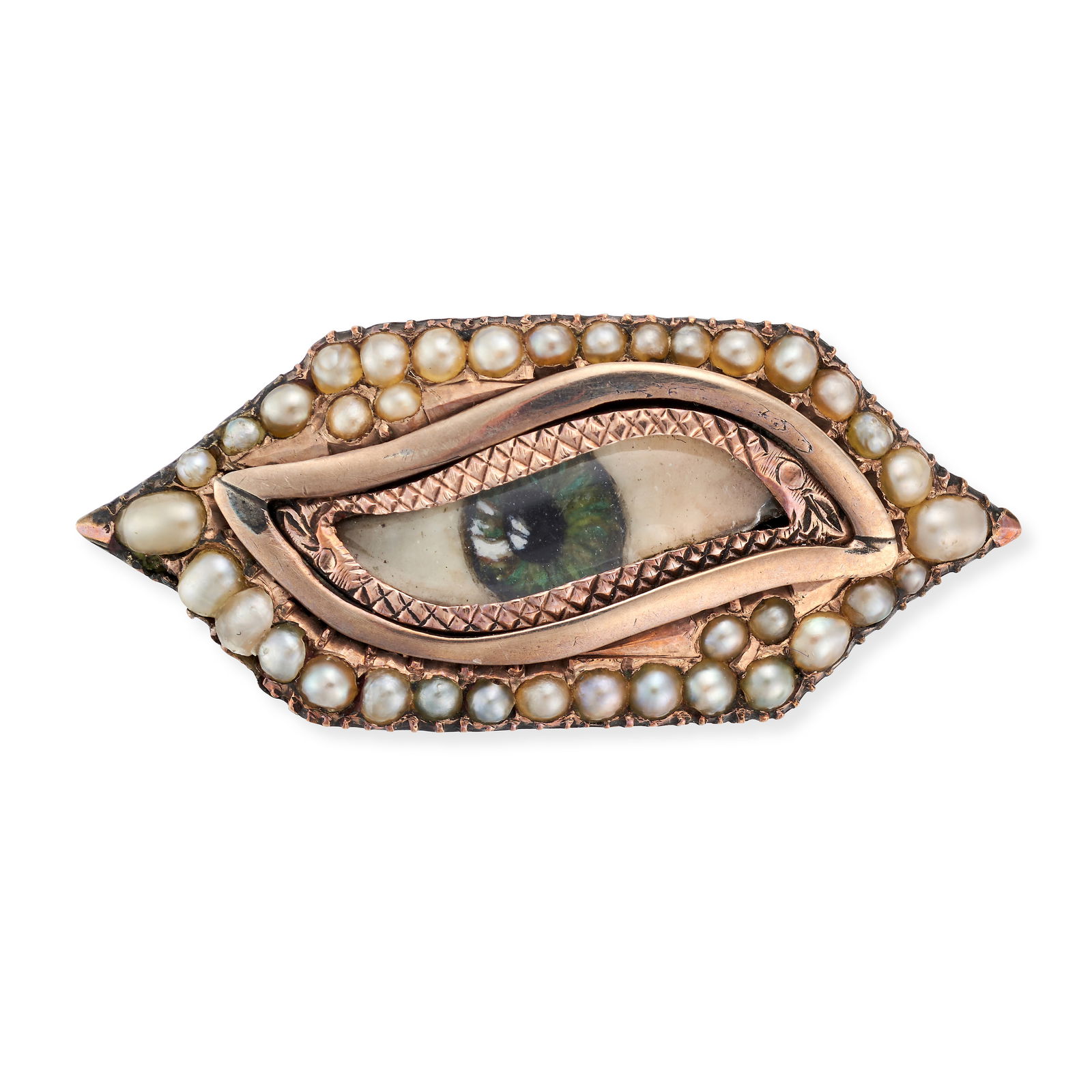 AN ANTIQUE PEARL LOVER'S EYE BROOCH the brooch designed as a painted eye in a border of seed pearls, (1 of 1)
