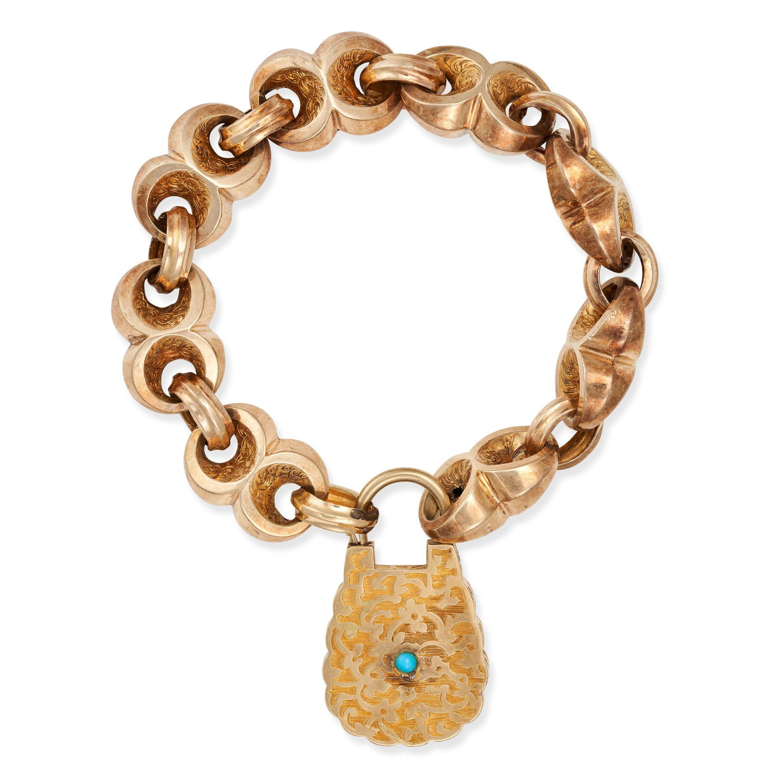 A TURQUOISE PADLOCK BRACELET in yellow gold, comprising a row of fancy links, the clasp designed as (1 of 1)