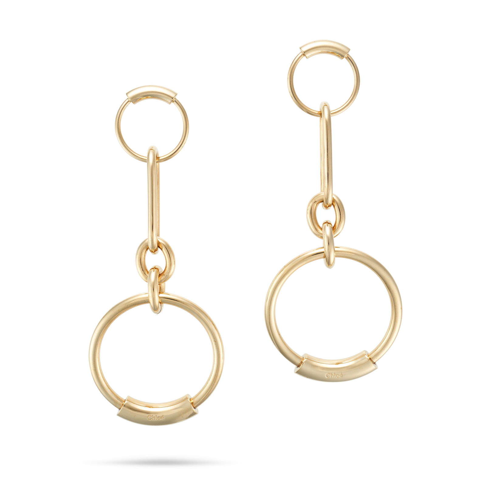 CHLOE HOOP EARRINGS: CHLOE HOOP EARRINGS Each featuring various sizes of gold tone hoops linked together, signed Chloe, size 11cm, weight 42.1g.