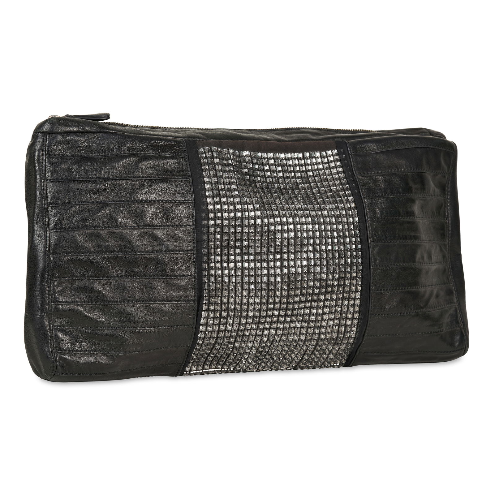 NO RESERVE HERVE LEGER CRYSTAL CLUTCH: NO RESERVE HERVE LEGER CRYSTAL CLUTCH Condition grade B. Black stitched leather exterior accented with crystal embellished centre and zip closure. Black fabric logo lined interior with inner zip and i