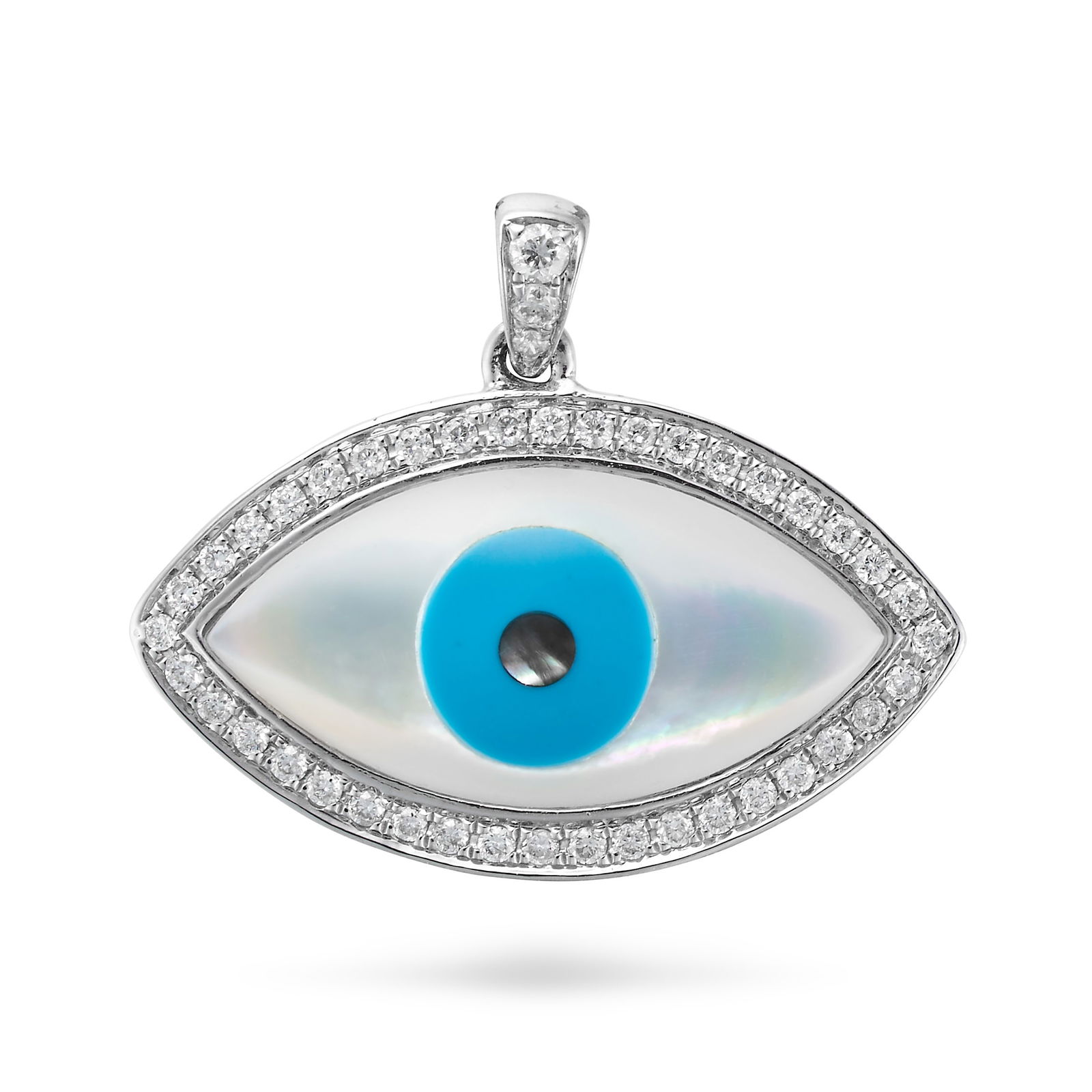 A MOTHER OF PEARL, DIAMOND AND ENAMEL EVIL EYE PENDANT designed as an evil eye set with mother of (1 of 1)