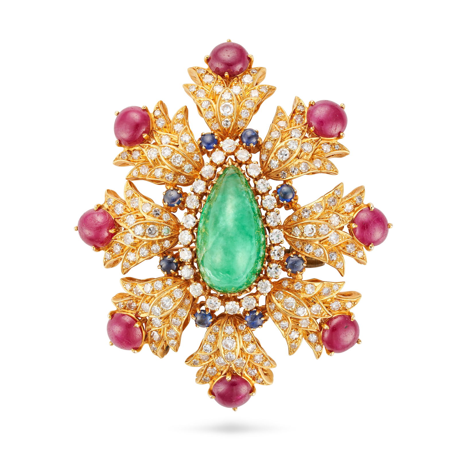 AN EMERALD, RUBY, SAPPHIRE AND DIAMOND BROOCH / PENDANT set with a pear shaped cabochon emerald o...: AN EMERALD, RUBY, SAPPHIRE AND DIAMOND BROOCH / PENDANT set with a pear shaped cabochon emerald of approximately 18.50 carats in a border of round cut diamonds and round cut sapphires, accented by a s
