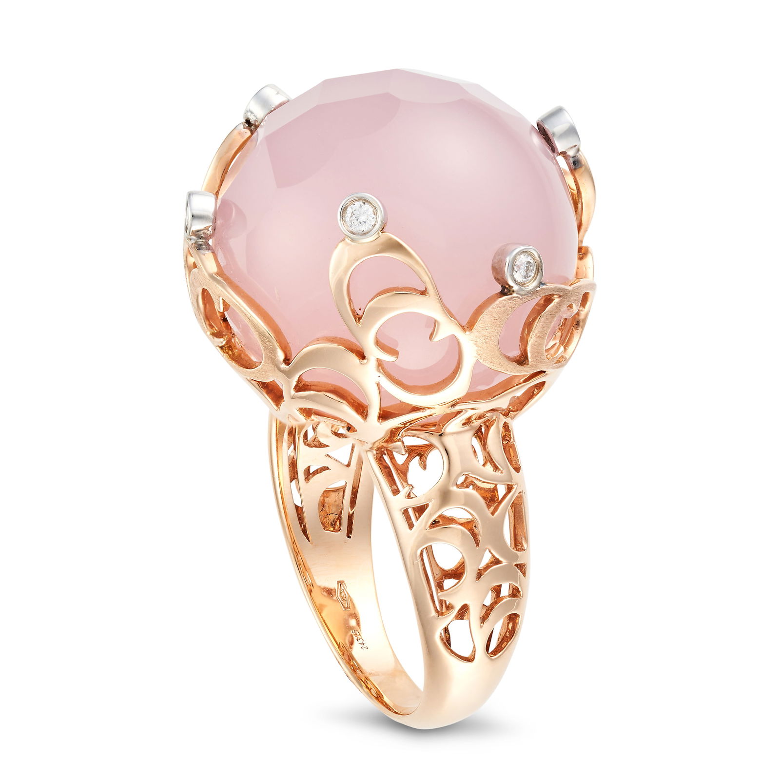 CHIMENTO, A ROSE QUARTZ AND DIAMOND DRESS RING set with a fancy cut rose quartz accented by round...: CHIMENTO, A ROSE QUARTZ AND DIAMOND DRESS RING set with a fancy cut rose quartz accented by round brilliant cut diamonds, signed Chimento and numbered, stamped 750, size N / 6.75, 17.0g.