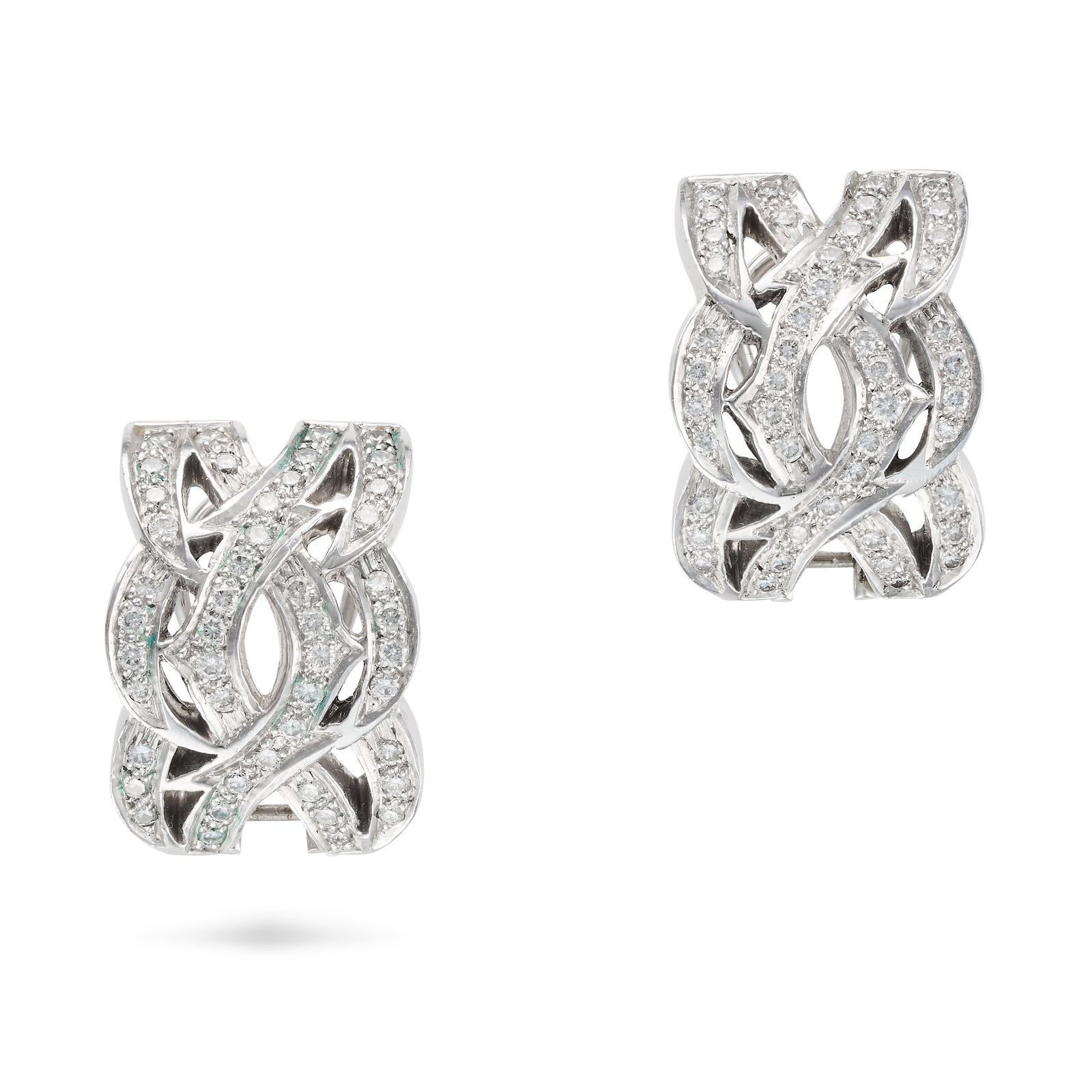 STEPHEN WEBSTER, A PAIR OF DIAMOND HALF HOOP EARRINGS in 18ct white gold, each designed as openwork: STEPHEN WEBSTER, A PAIR OF DIAMOND HALF HOOP EARRINGS in 18ct white gold, each designed as openwork scrolling half hoop, accented by round brilliant cut diamonds, SW maker's mark, full British hallmar