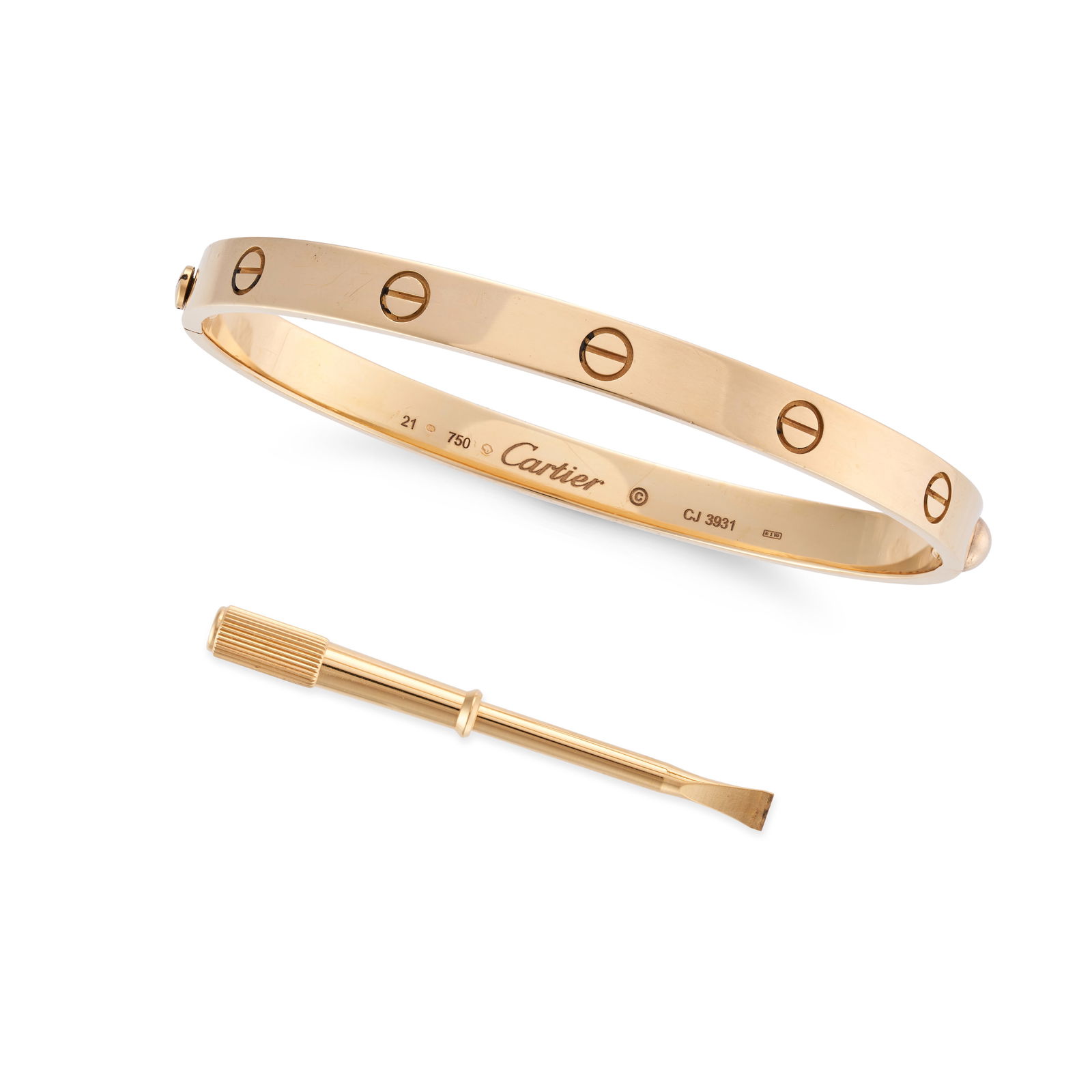 CARTIER, A LOVE BANGLE in 18ct yellow gold, the oval bangle punctuated with screw head motifs, (1 of 3)
