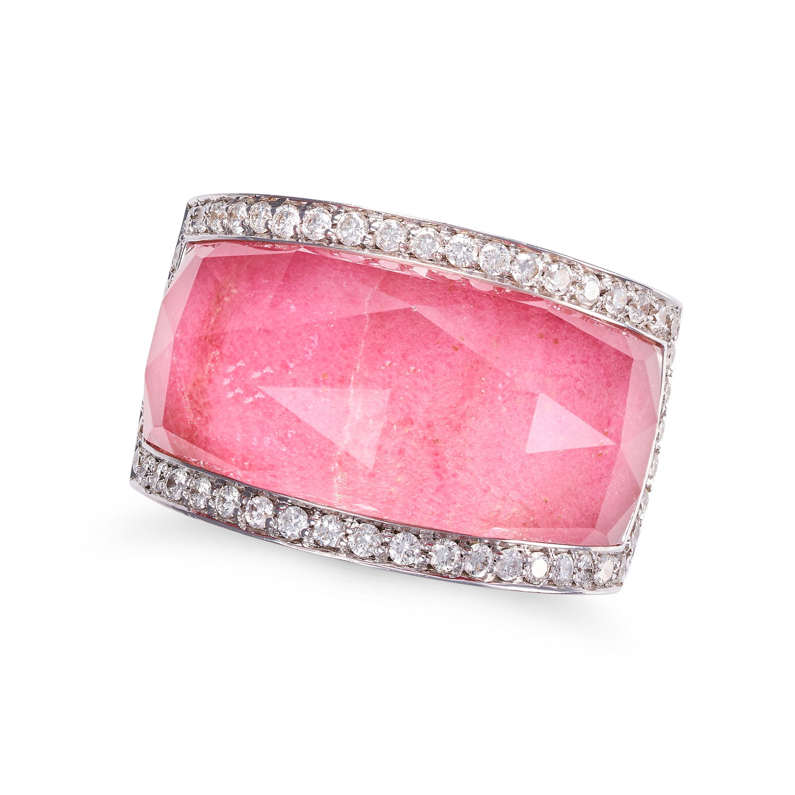 STEPHEN WEBSTER, A ROCK CRYSTAL, DIAMOND AND PINK HARDSTONE CRYSTAL HAZE RING in 18ct white gold,: STEPHEN WEBSTER, A ROCK CRYSTAL, DIAMOND AND PINK HARDSTONE CRYSTAL HAZE RING in 18ct white gold, set with a faceted rock crystal over a pink hardstone, in a border of round brilliant cut diamonds, St