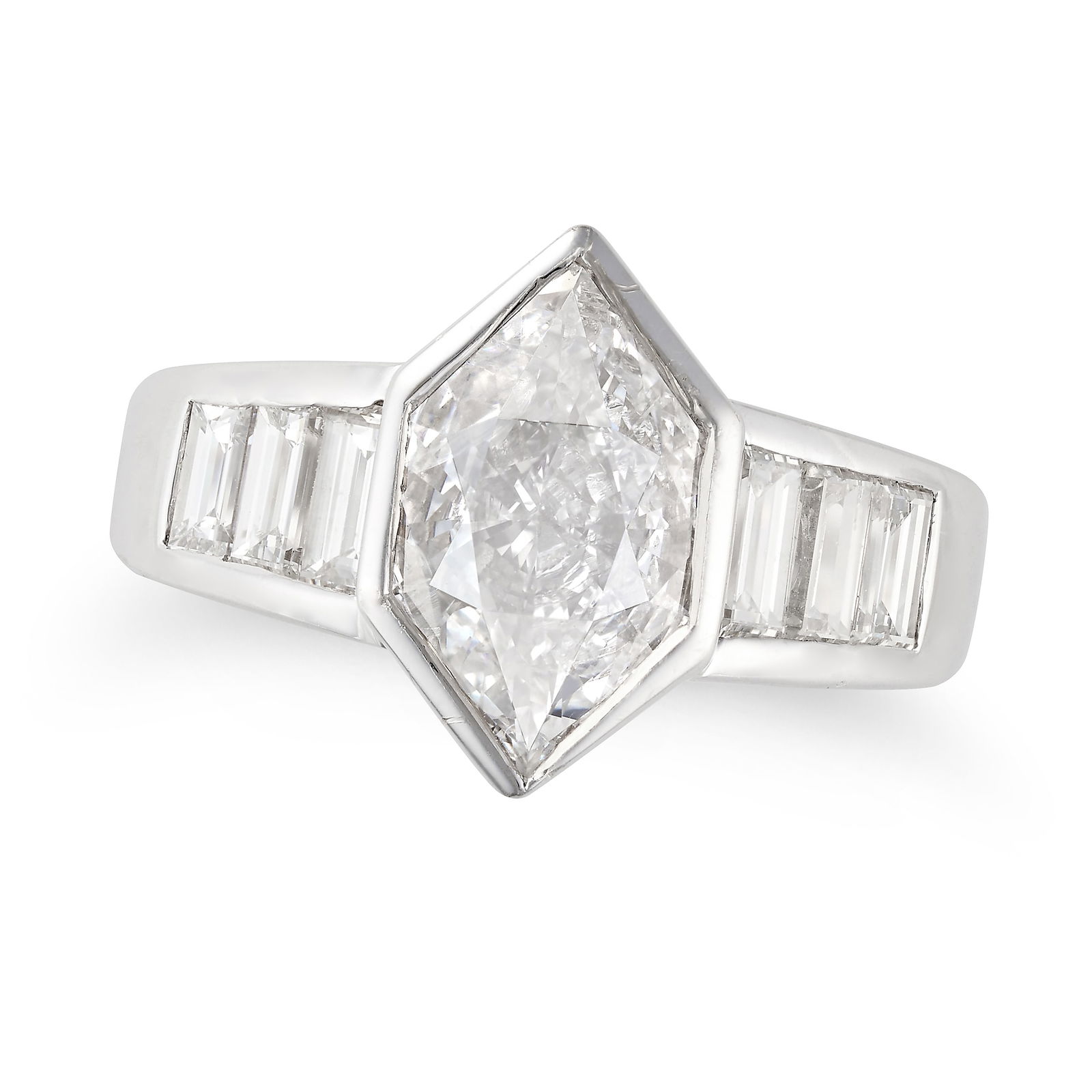 A DIAMOND DRESS RING set with a hexagonal step cut diamond of approximately 1.75 carats, the (1 of 2)