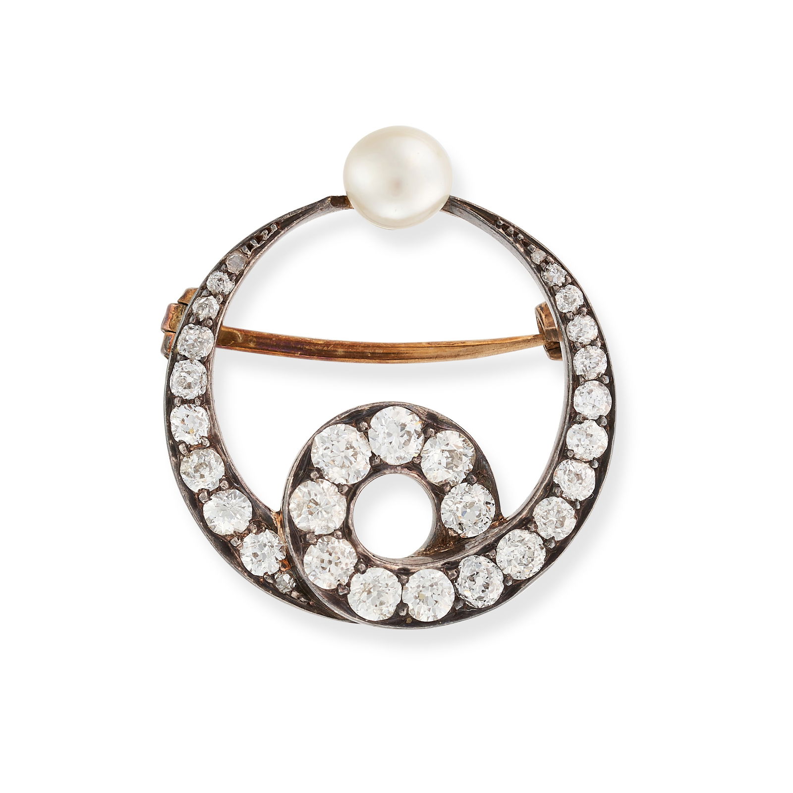 AN ANTIQUE DIAMOND AND PEARL CRESCENT BROOCH in yellow gold and silver, designed as a stylised (1 of 1)